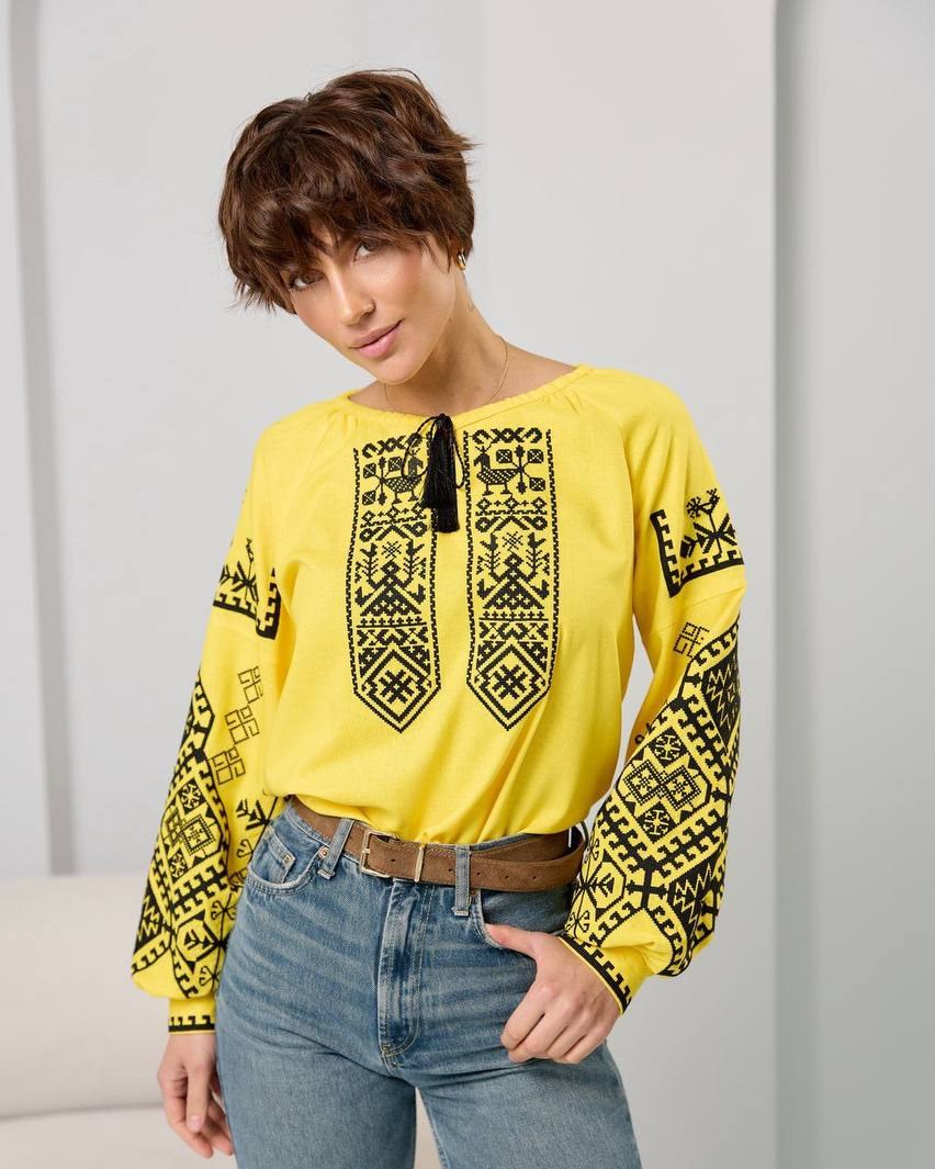 Vyshyvanka "Zhovtok" – blouse yellow, black with geometric embroidery (linen)