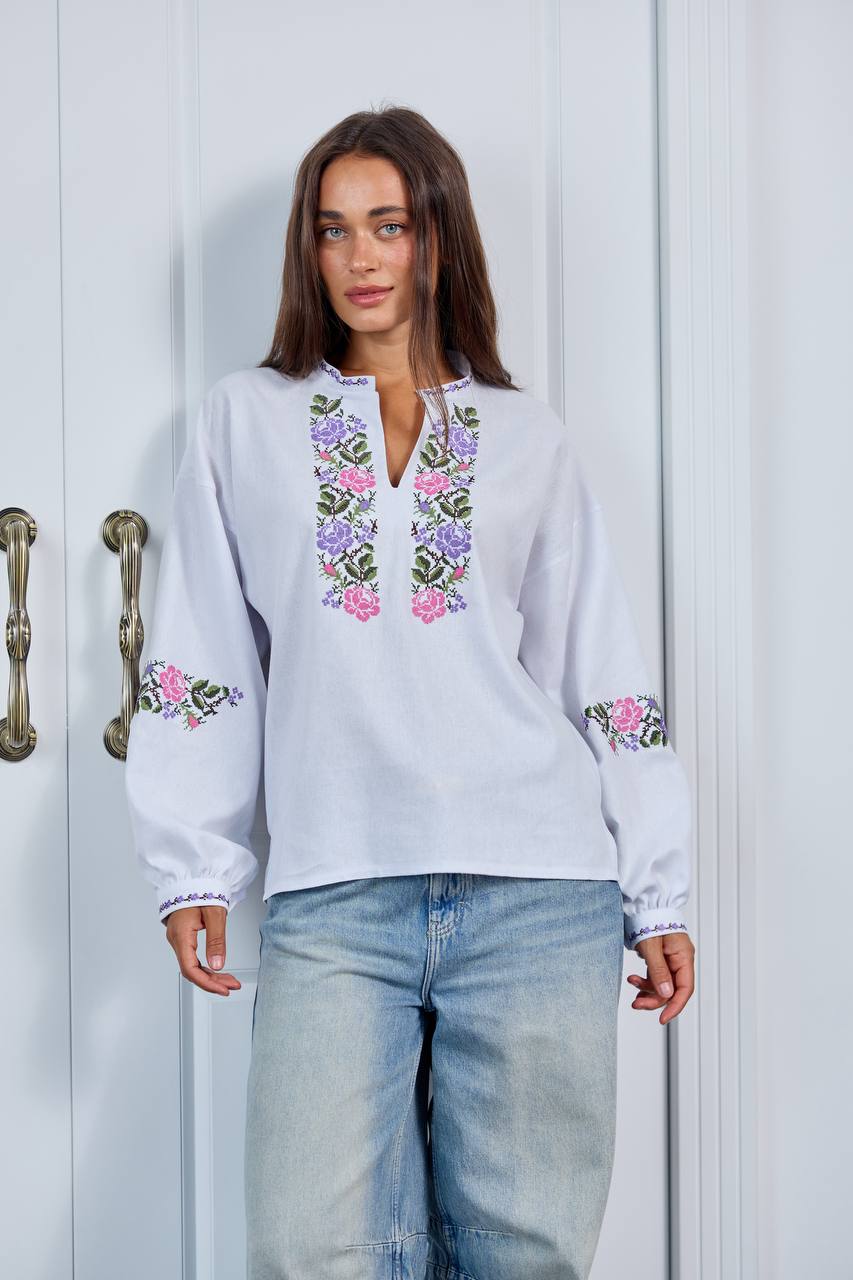 Vyshyvanka "Dana" white embroidered blouse - front view