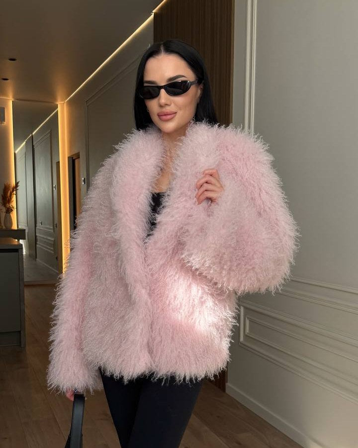 Шуба «Sophie» рожева – шуба рожева зі штучного хутра, текстура лами, photo 4