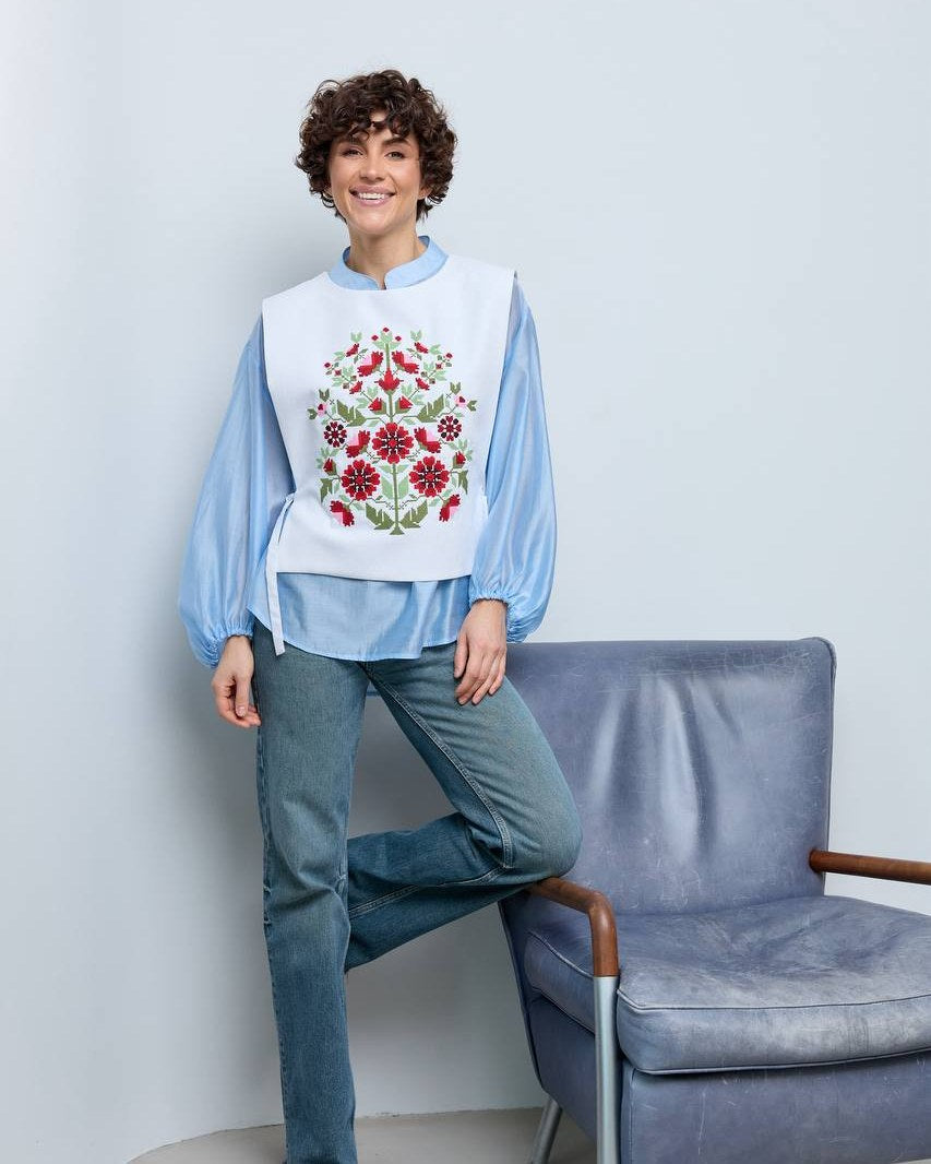 Vyshyvanka vest "Kvitkova" blue – light blue, burgundy with floral, ornament embroidery (linen), photo 4