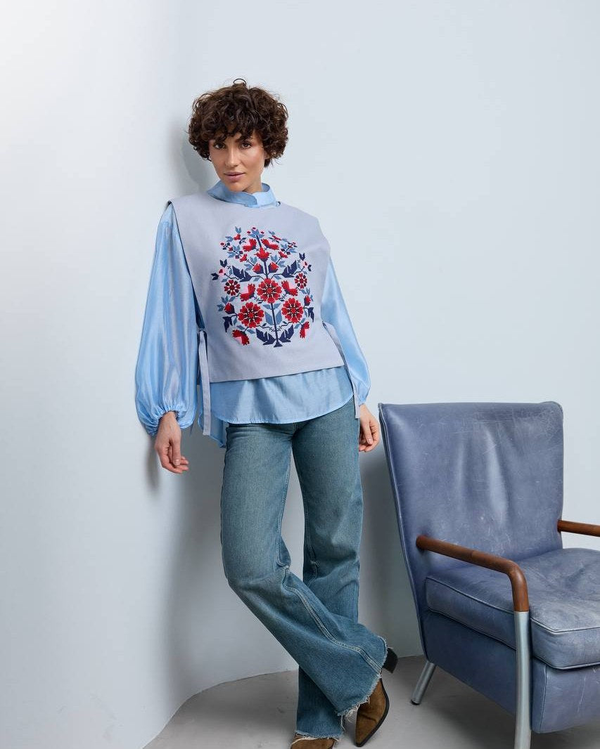 Vyshyvanka vest "Kvitkova" dark – light blue, navy with floral, ornament embroidery (linen), photo 6
