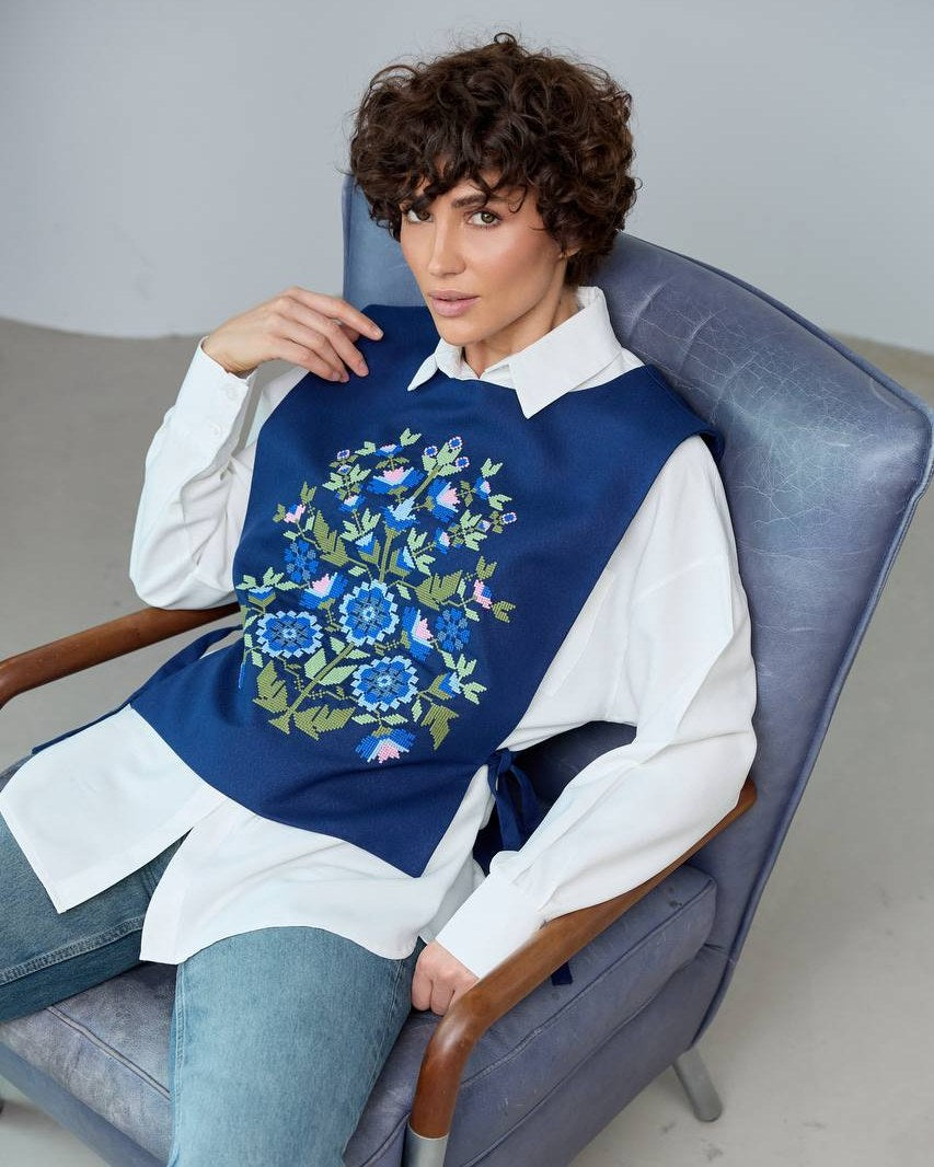 Vyshyvanka vest "Kvitkova" dark blue – dark blue, green with floral, ornament embroidery (linen), photo 7