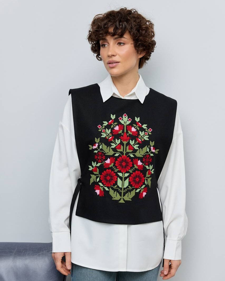 Vyshyvanka vest "Kvitkova" black – black, green with floral, ornament embroidery (linen), photo 6