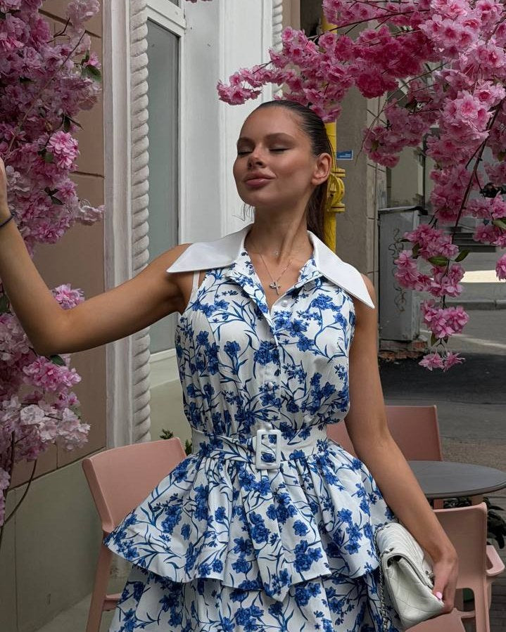 Dress "Vivienne" white&blue – shirt white, blue with floral embroidery (cotton), photo 5