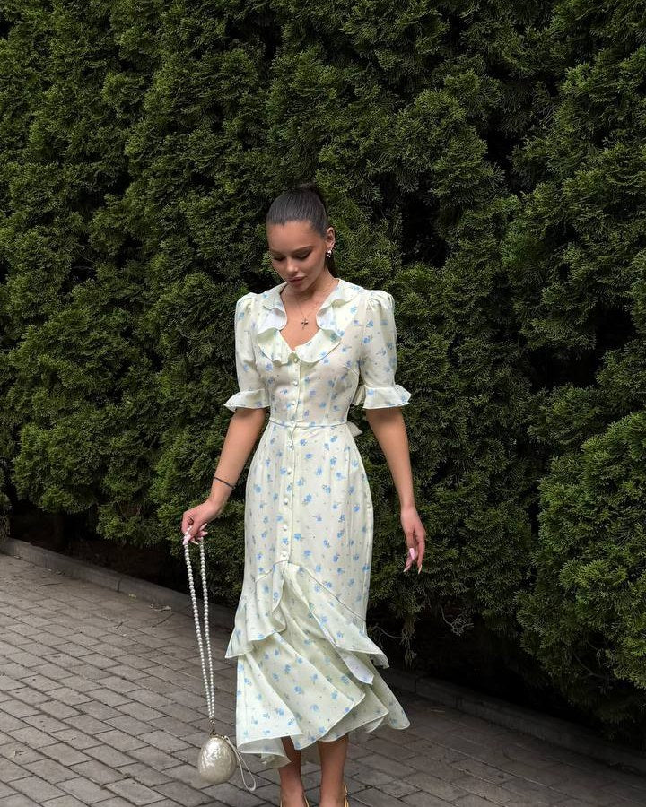 Dress "Lorena" light yellow – dress yellow, blue with floral embroidery (satin), photo 4