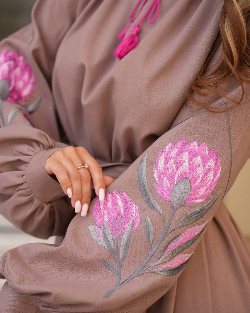 Taupe embroidered linen vyshyvanka dress with floral Ukrainian ornament, women's long sleeve, photo 8