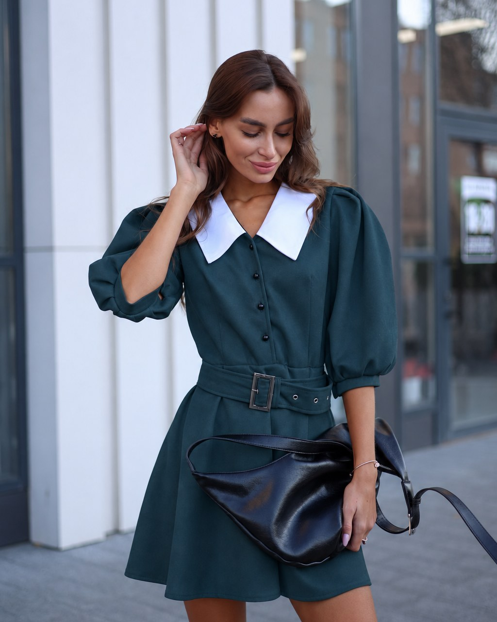 Dress "Jasmine" green – dress green faux suede shirt dress with white pointed collar, photo 4