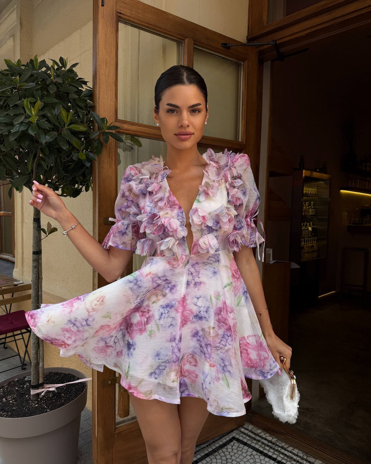 Dress "Sapphire" – dress green, pink with floral embroidery, photo 7