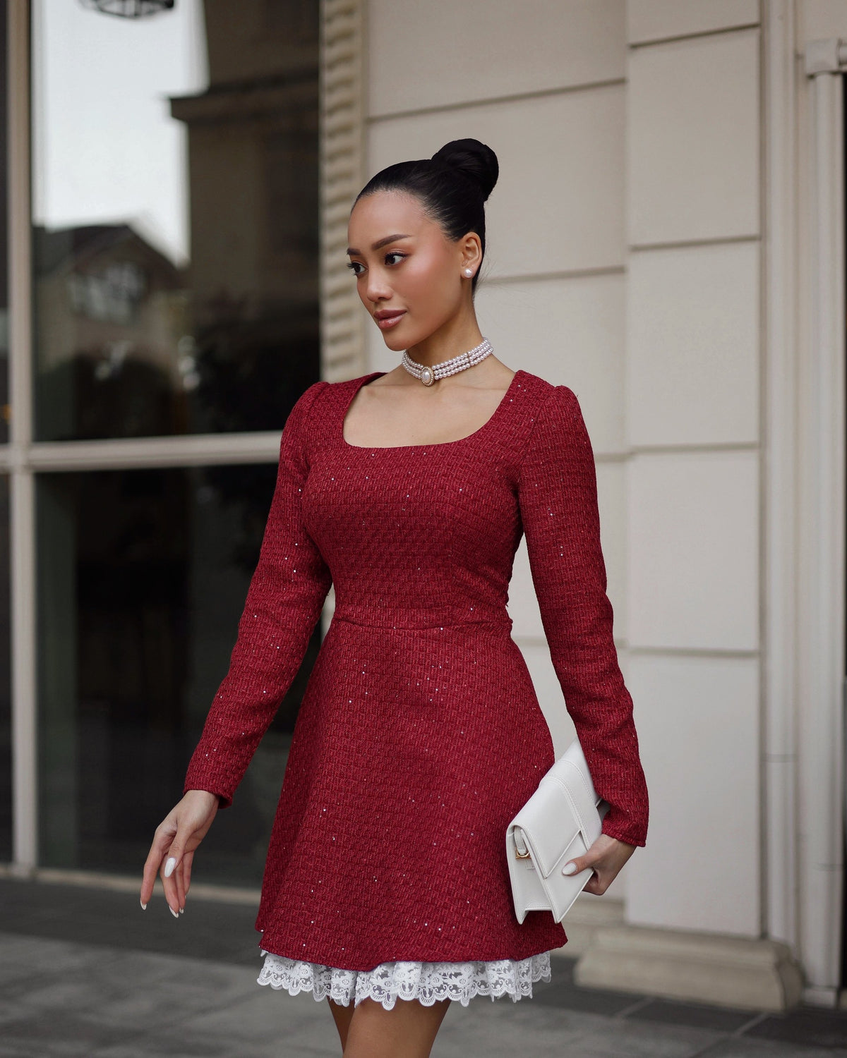 Dress "Lady Tweed" burgundy – dress burgundy tweed with white lace-trimmed underskirt, photo 7