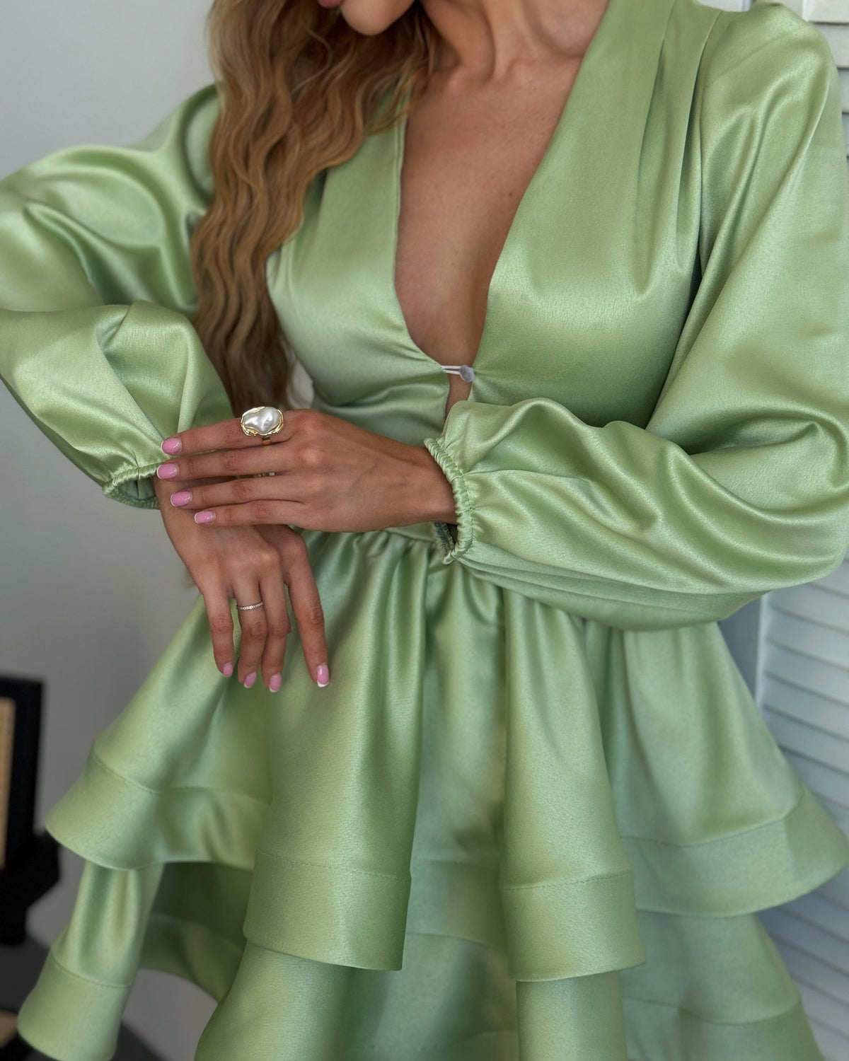 Dress "Olimp" sage green – dress sage green satin mini with tiered ruffle skirt, photo 7