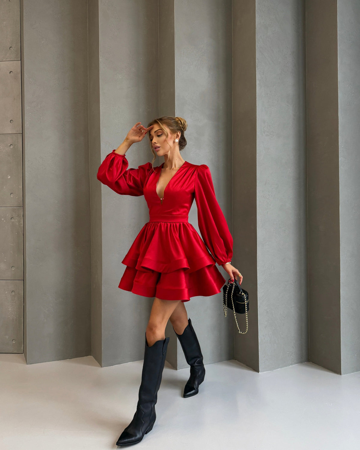 Dress "Olimp" bright red – dress bright red satin mini with tiered ruffle skirt, photo 7
