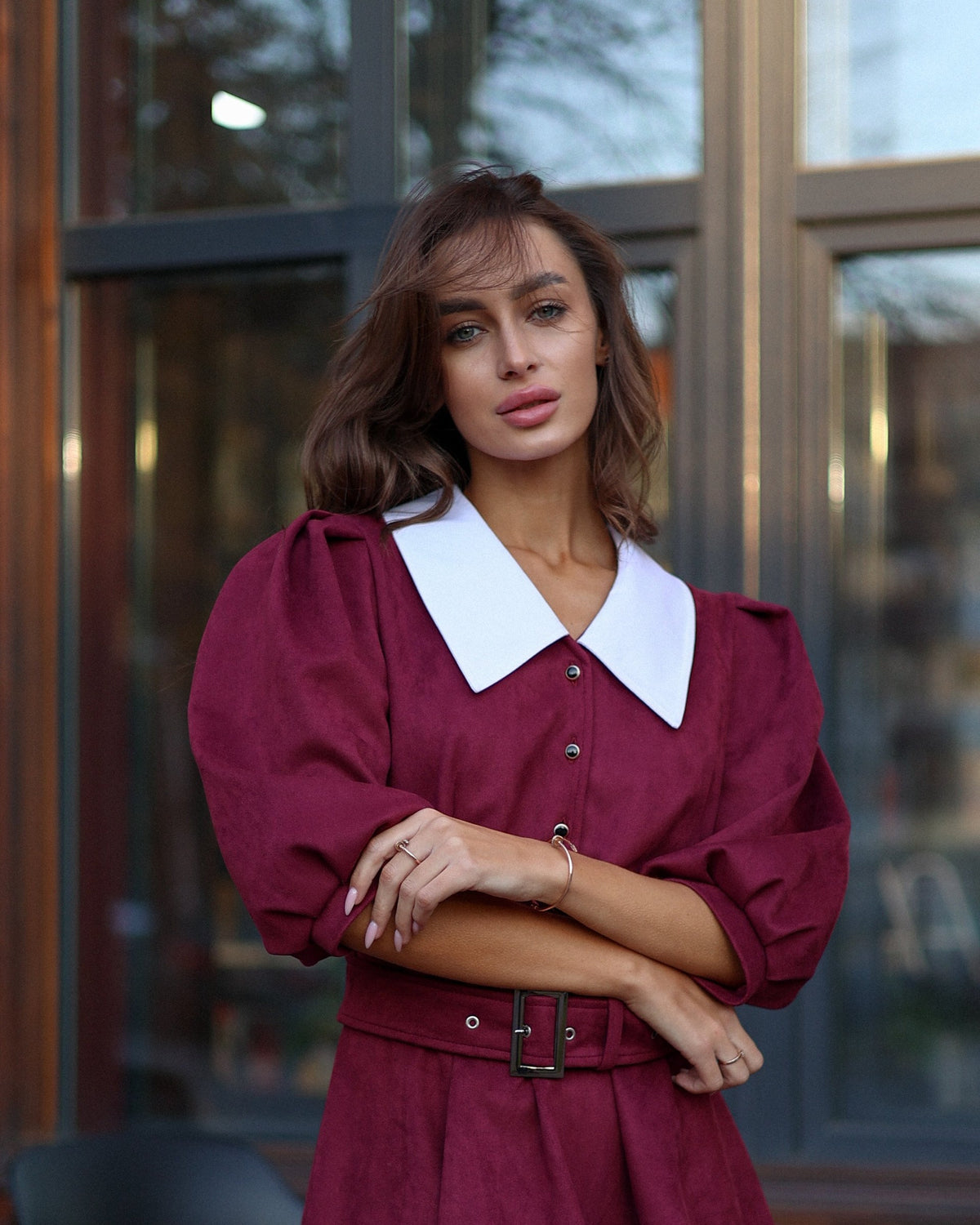 Dress "Jasmine" red – dress red faux suede shirt dress with white pointed collar, photo 7