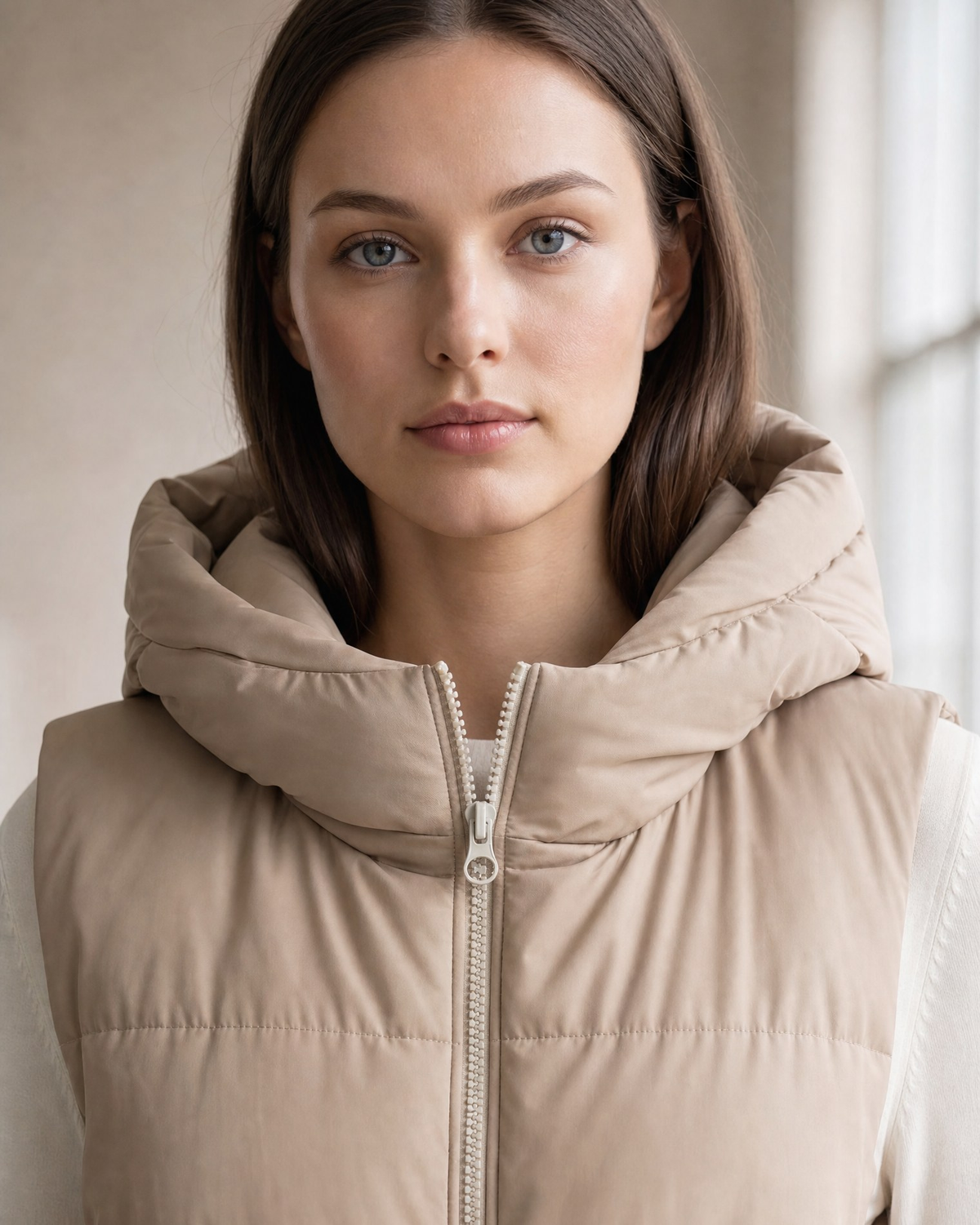 Weste „Isla“ beige – Weste beige gesteppt, Pufferweste mit Kapuze, Foto 4
