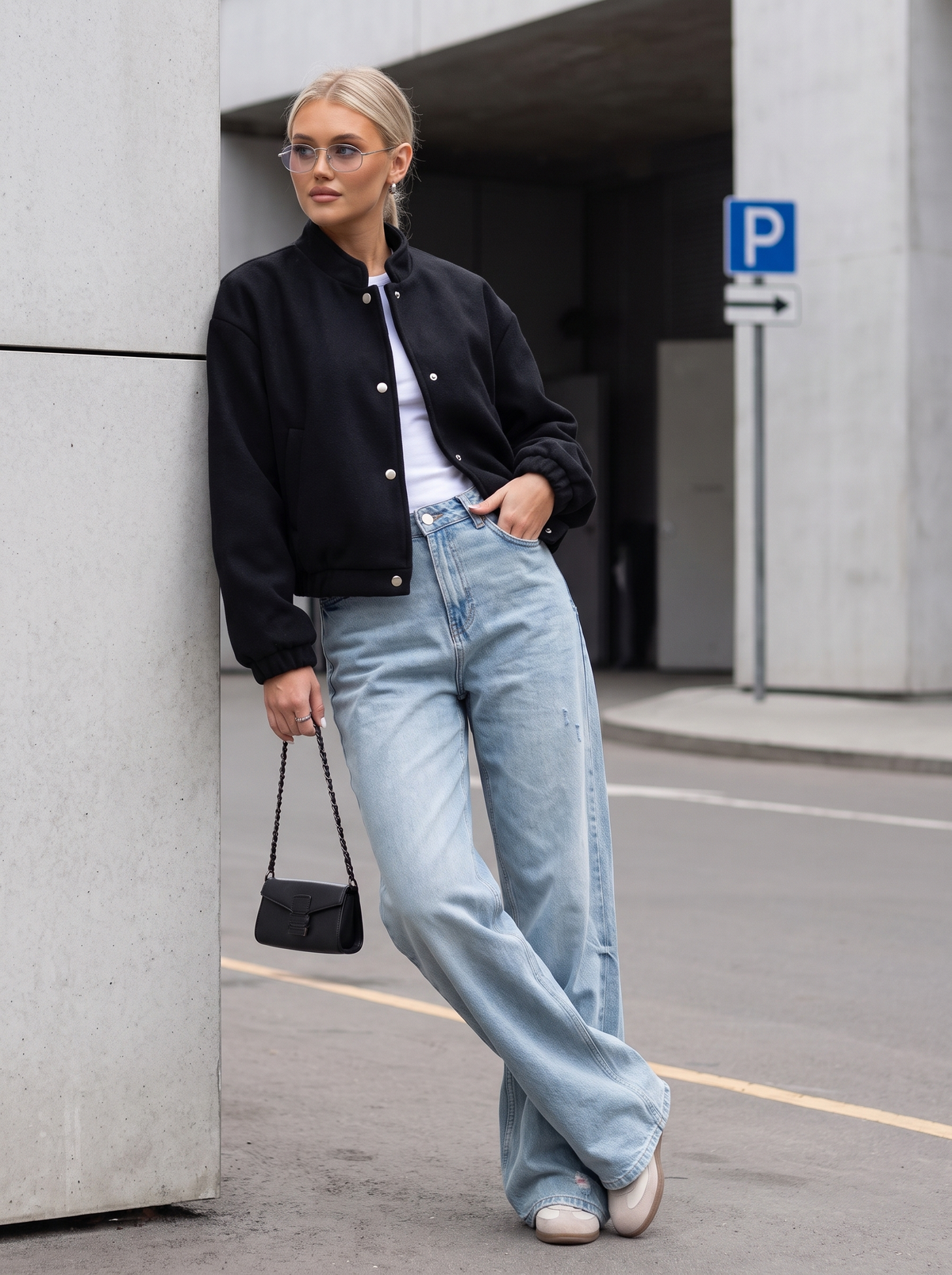 Black wool-blend cropped bomber jacket - front view
