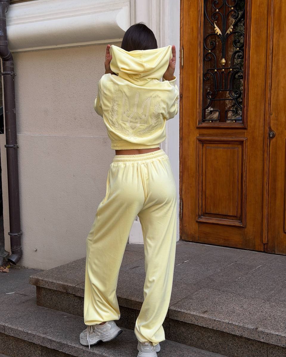 Grey melange velour tracksuit with embroidered trident and wheat wreath, oversized loungewear set, front view