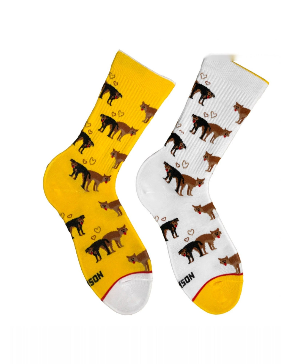 Yellow and white Doggy Love socks - pair with dog couples and hearts, front view