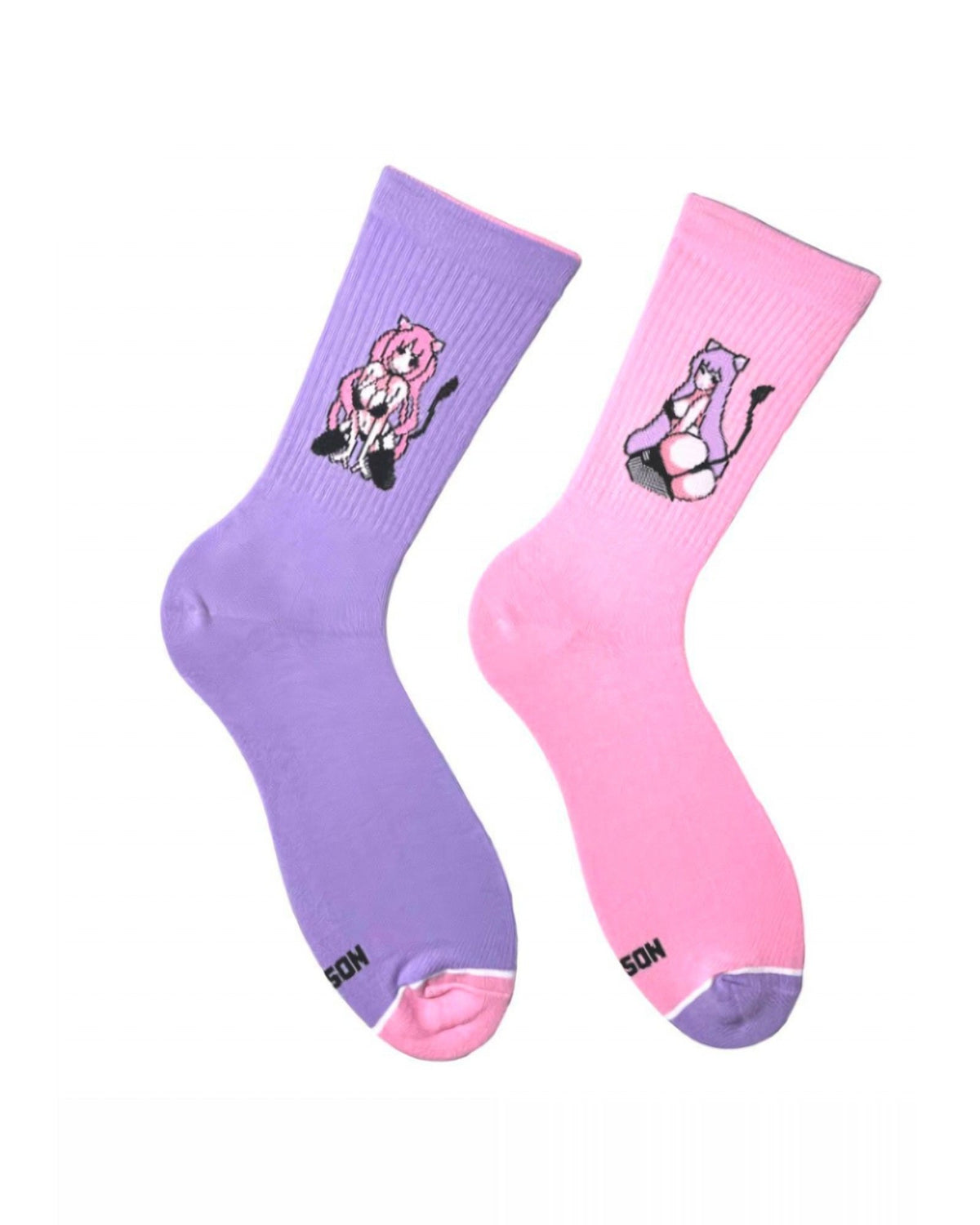 Anime Chan socks in purple and pink - pair of crew socks, front view