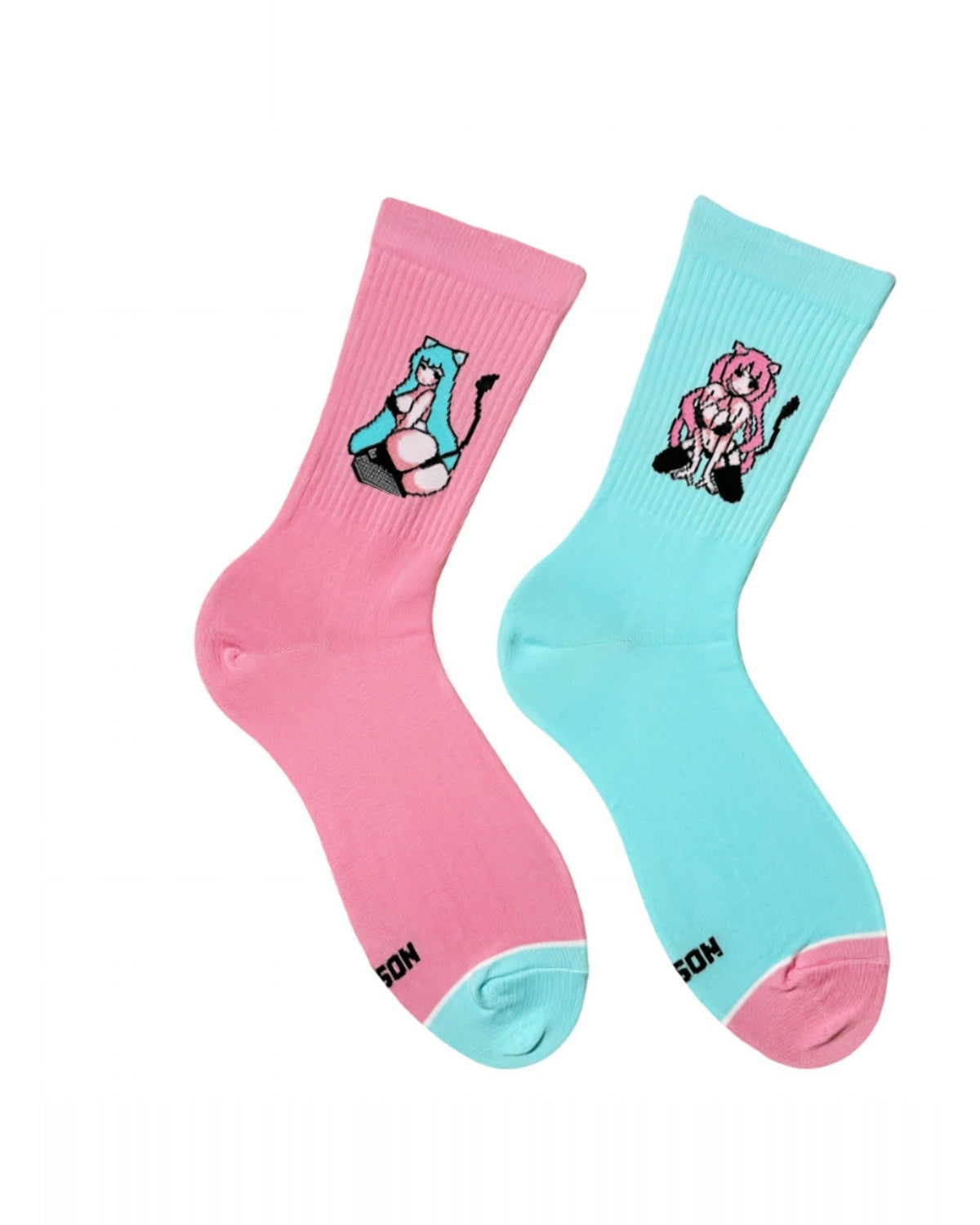 Anime Chan socks in turquoise and pink - pair of crew socks, front view