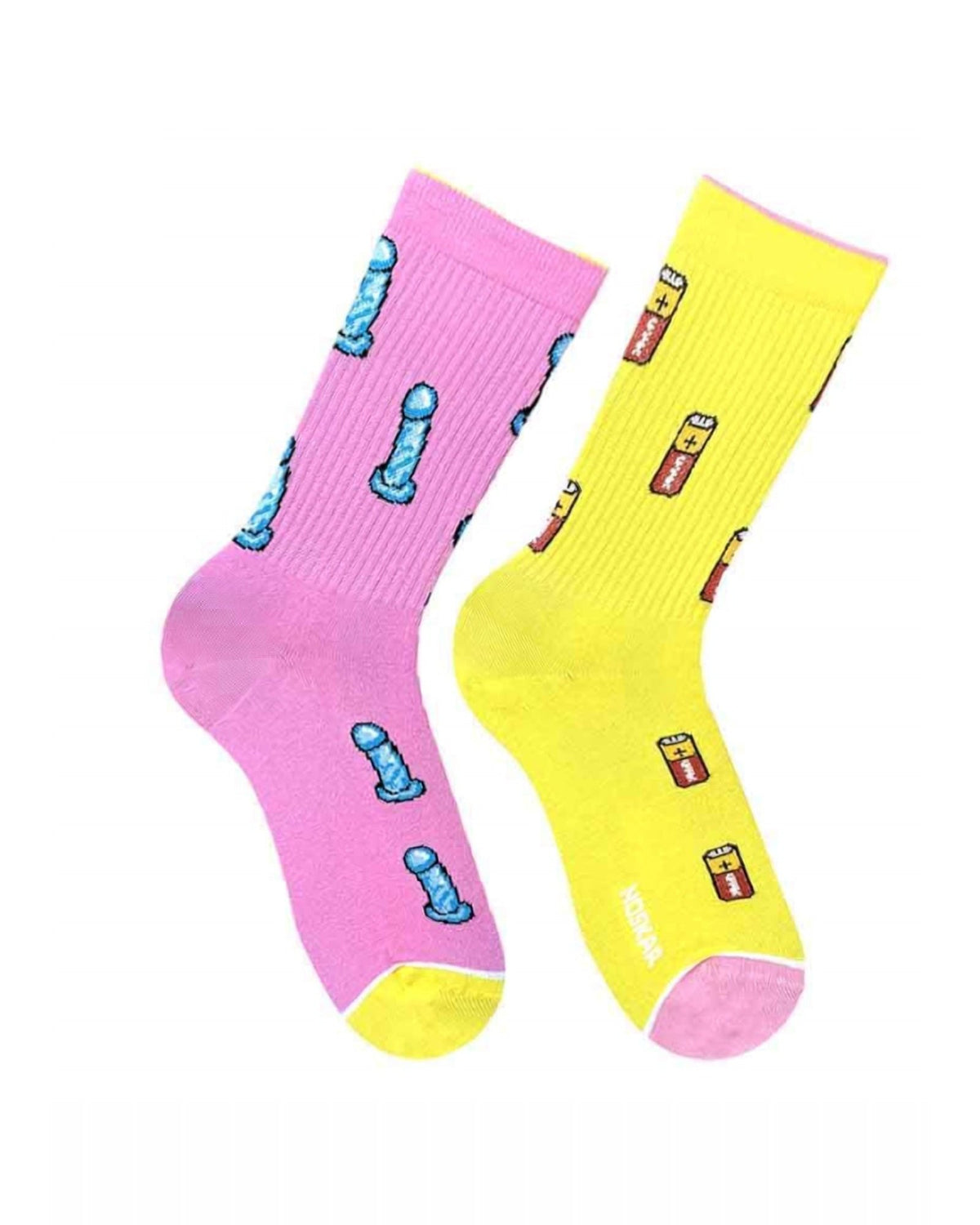 Batteries Included socks - pink and yellow pair with battery pattern, front view