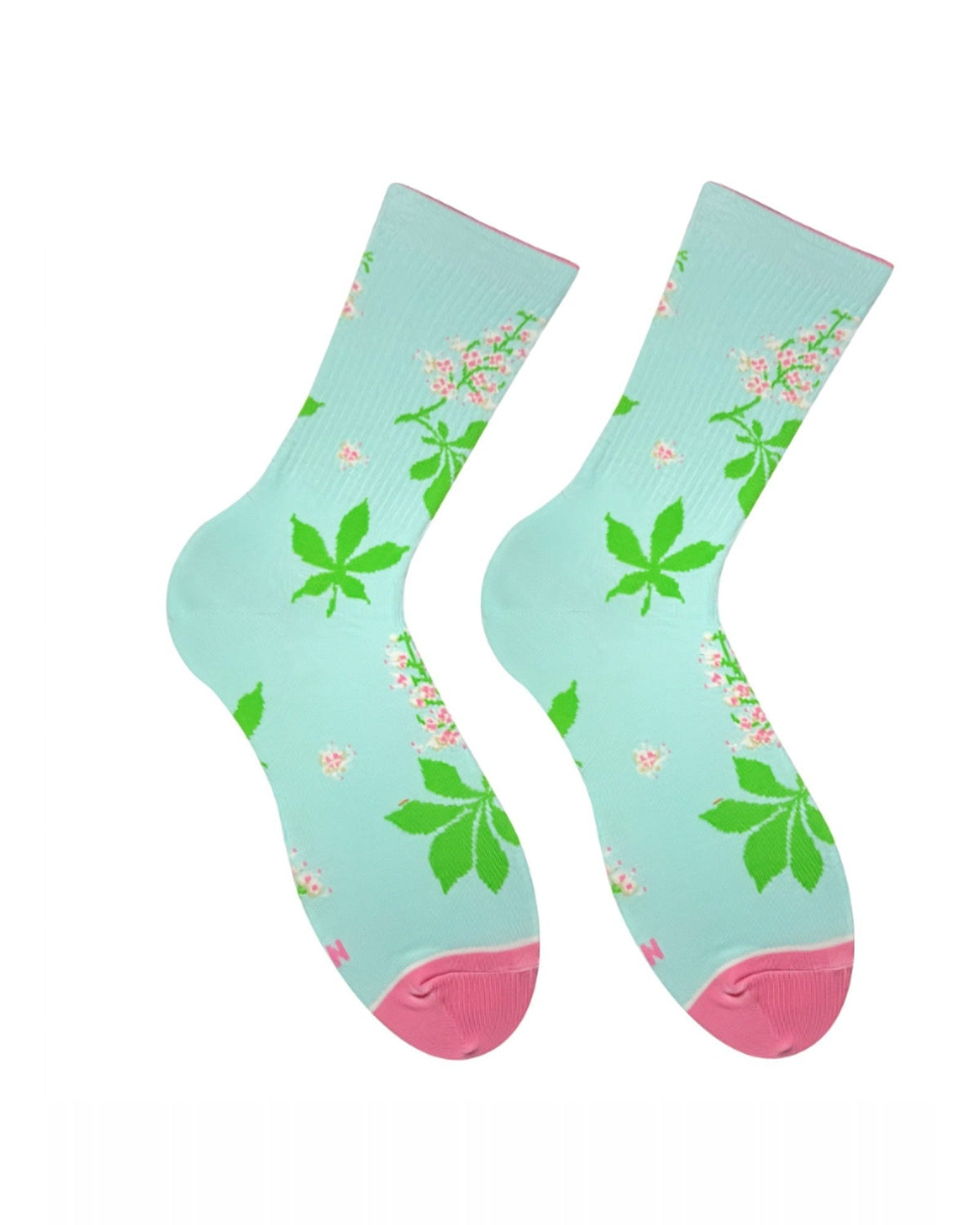 Mint Chestnut Blossom socks - pair with green leaves and pink blossoms, pink toes, front view