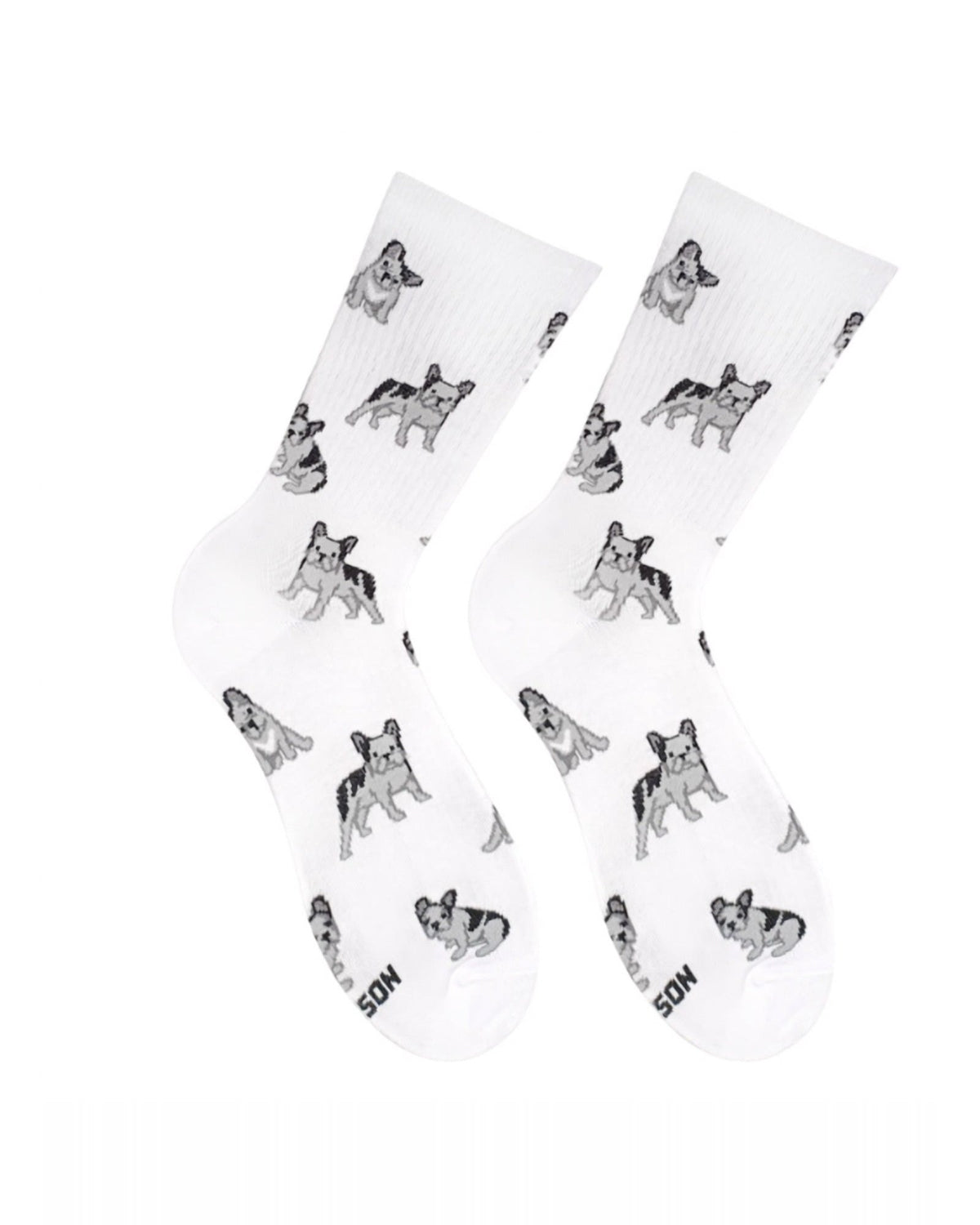 White French Bulldog socks - pair with embroidered bulldog design, front view
