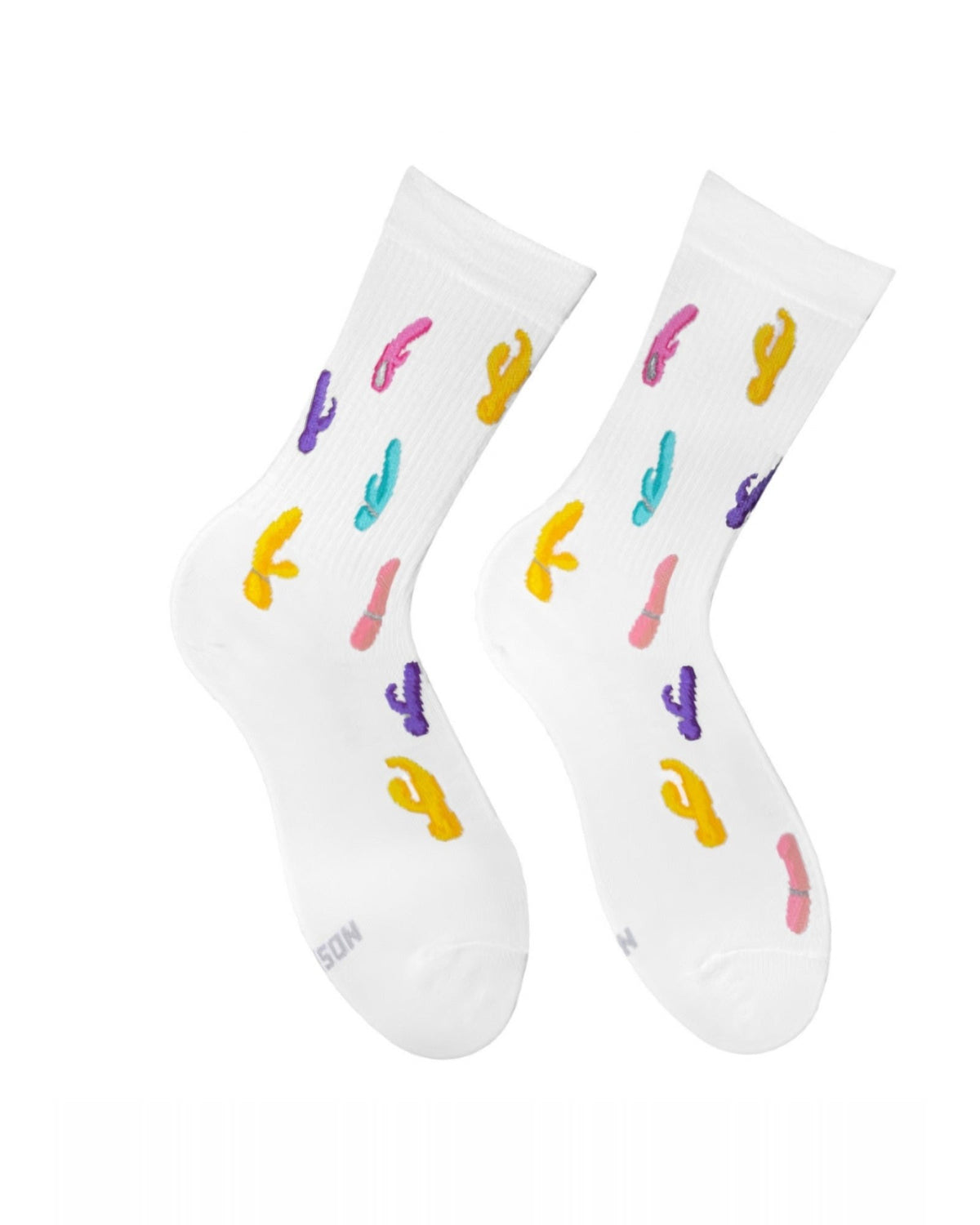 White Buzz Buzz socks - pair with playful embroidered design, front view