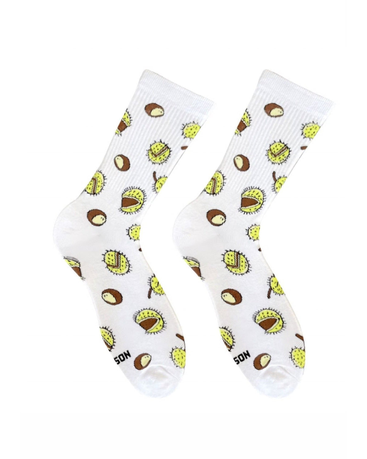 White Chestnuts socks - pair with chestnut husk and conker pattern, front view