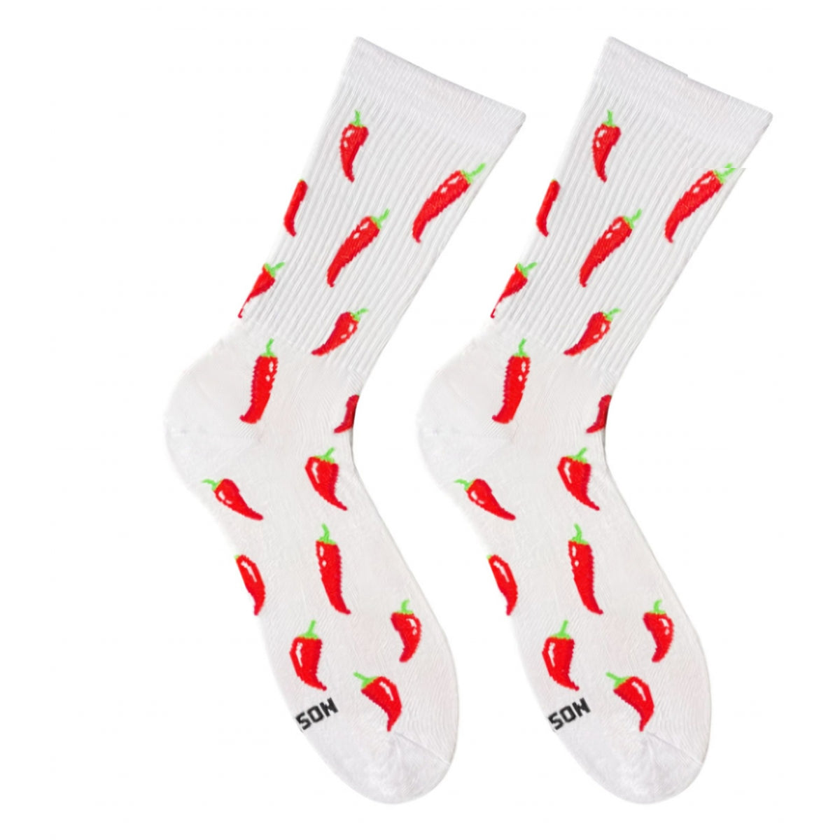 White Chili Pepper socks - pair with red chili pepper pattern, front view