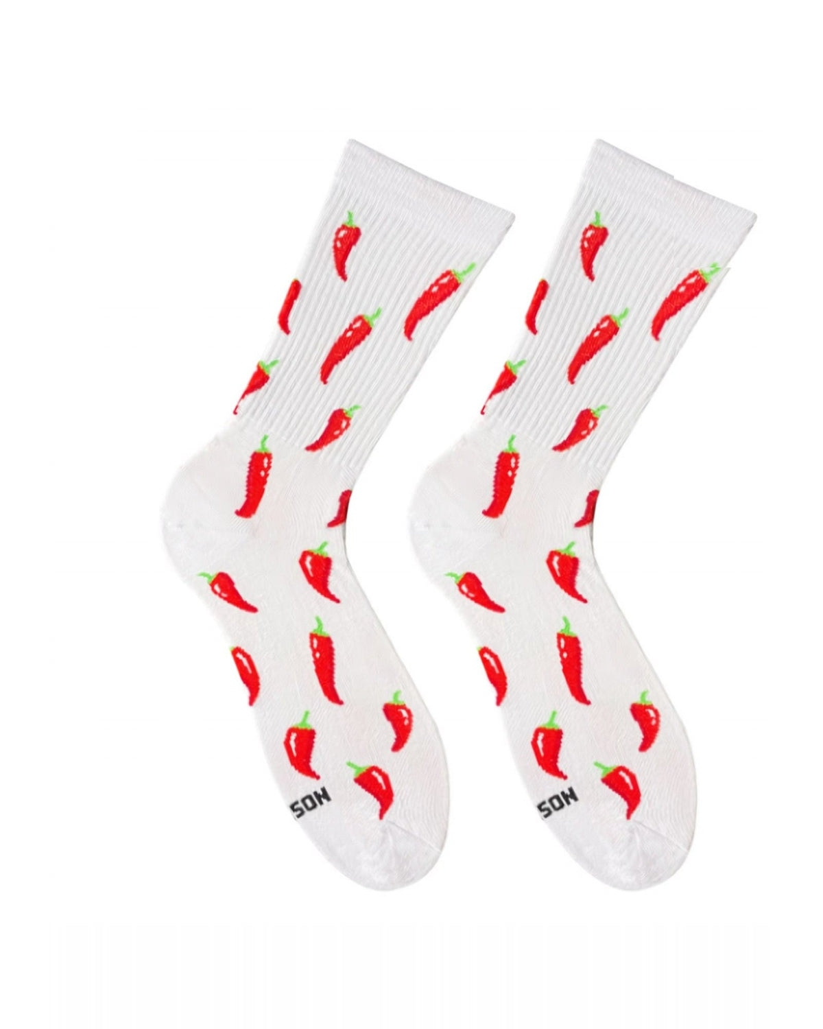 White Chili Pepper socks - pair with red chili pepper pattern, front view