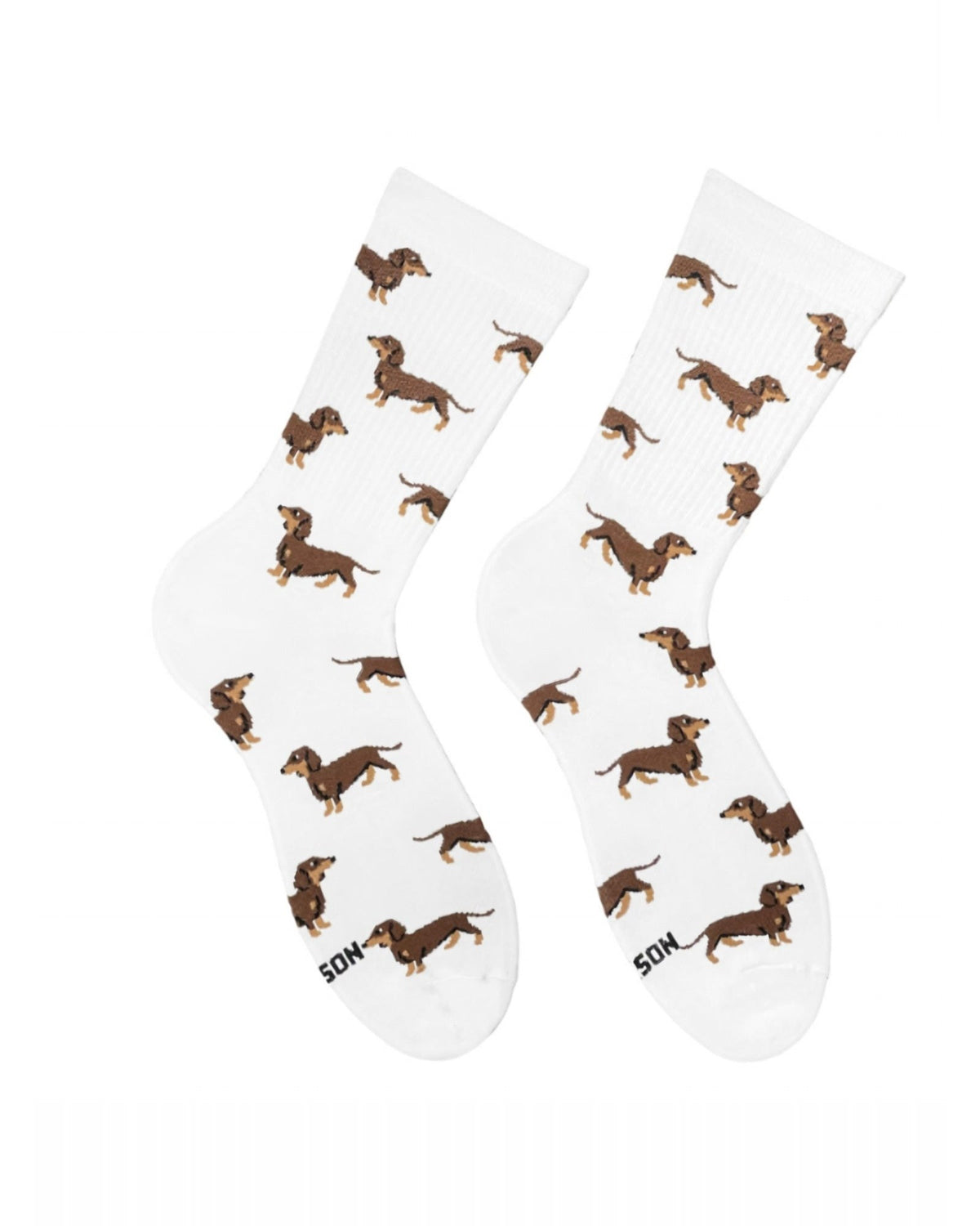 White Dachshund socks - pair with brown dachshund dogs pattern, front view