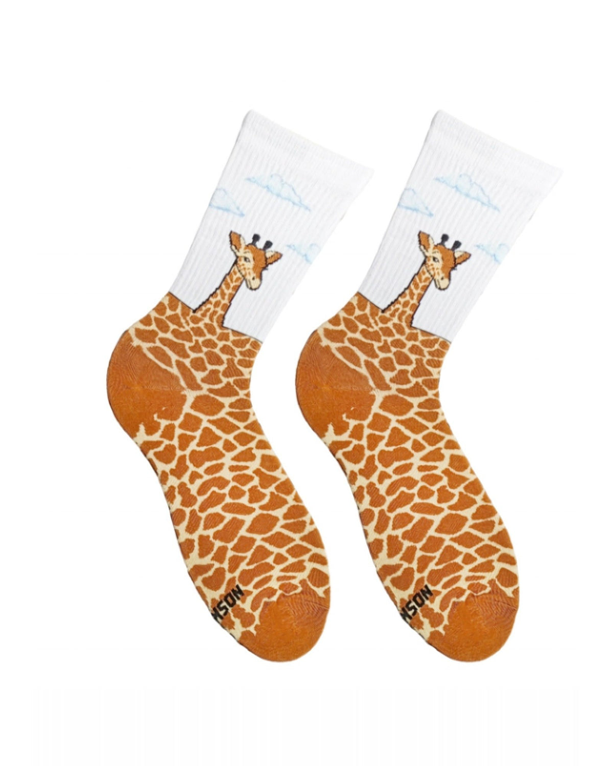 Giraffe socks - pair with giraffe head and orange spotted body, front view