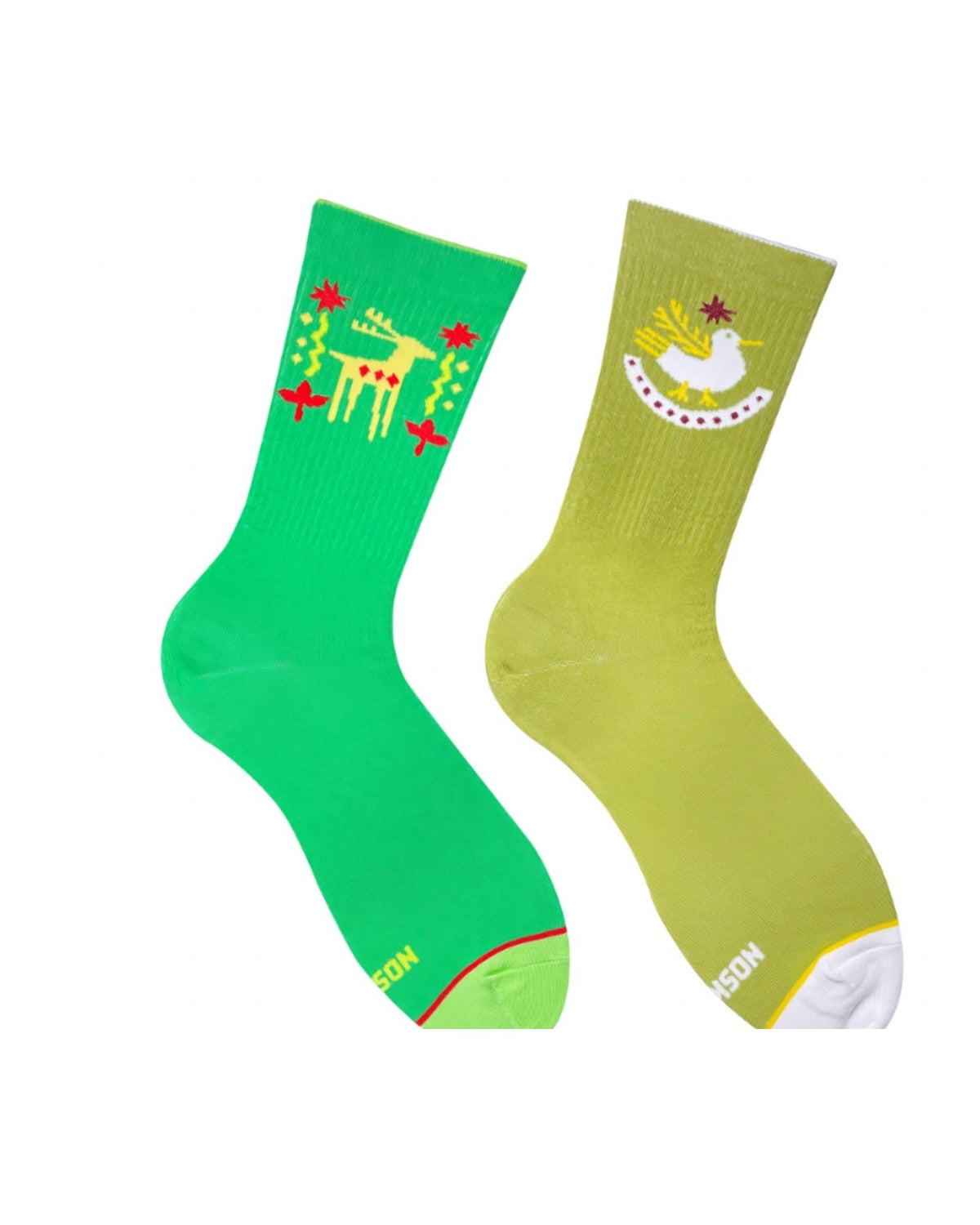 Green khaki ornament socks - pair with deer and dove folk pattern, front view