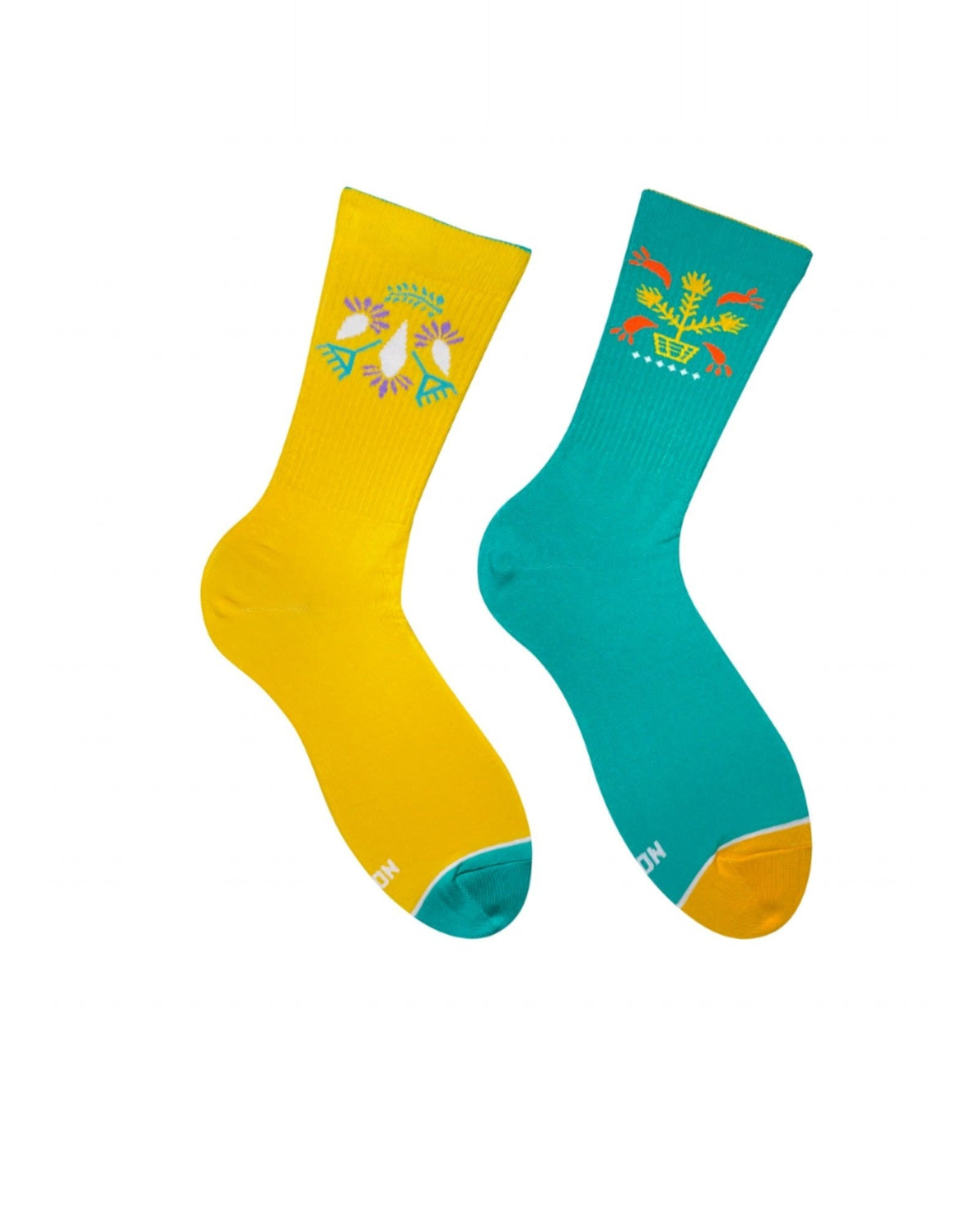 Yellow and turquoise ornament socks - pair with Ukrainian folk pattern, front view