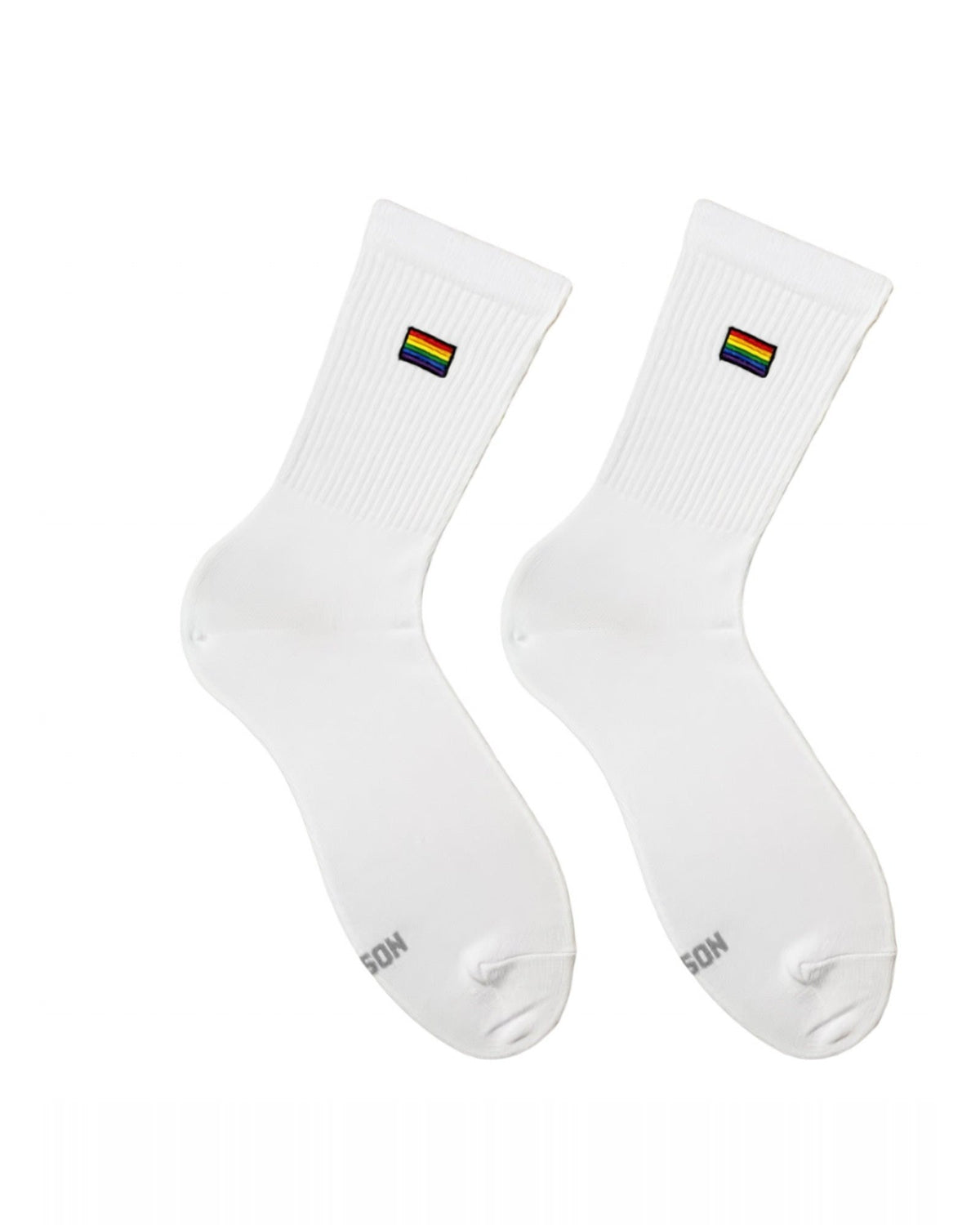 White Pride Embroidery socks - pair with small rainbow flag embroidery, front view