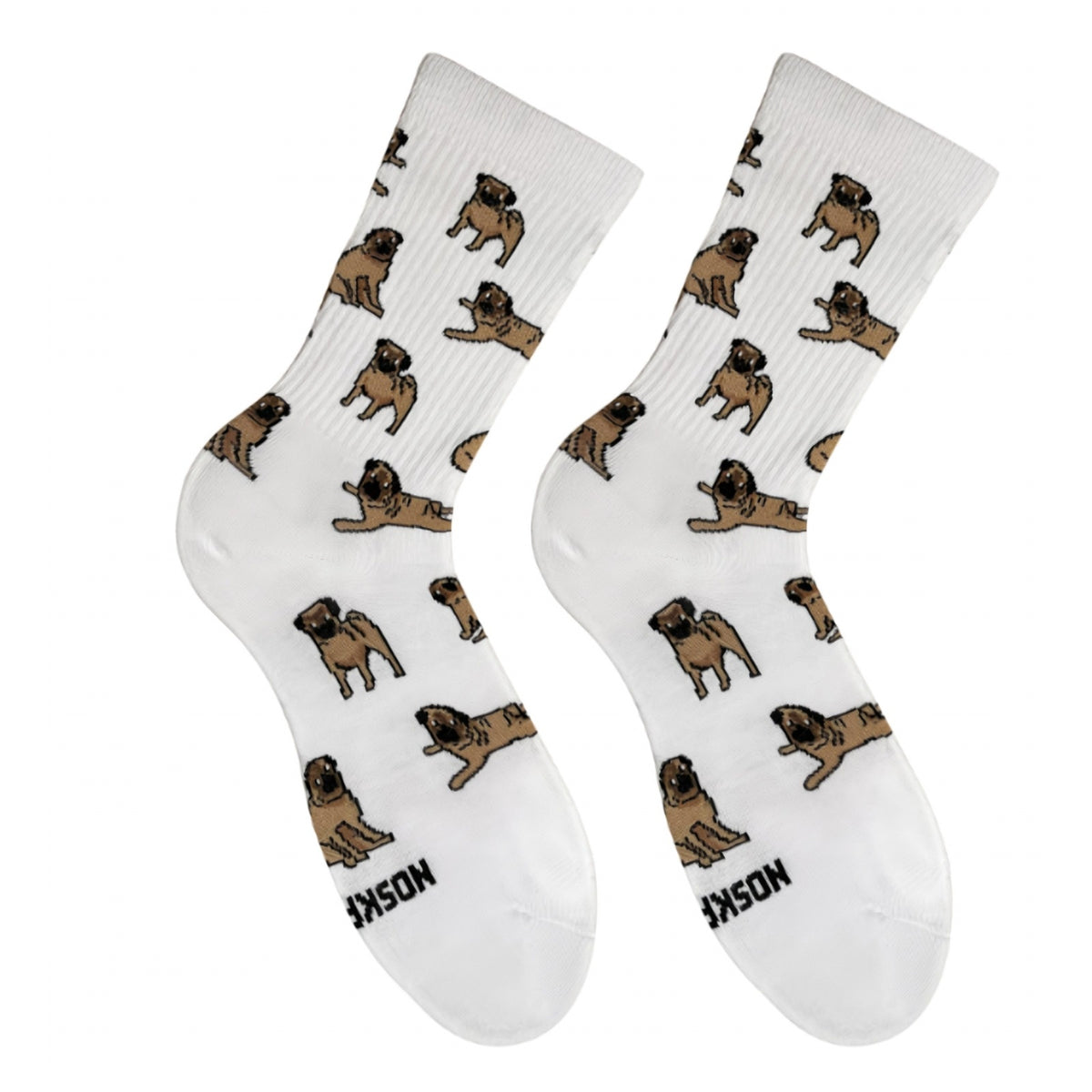White Pug socks - pair with brown pug dogs pattern, front view