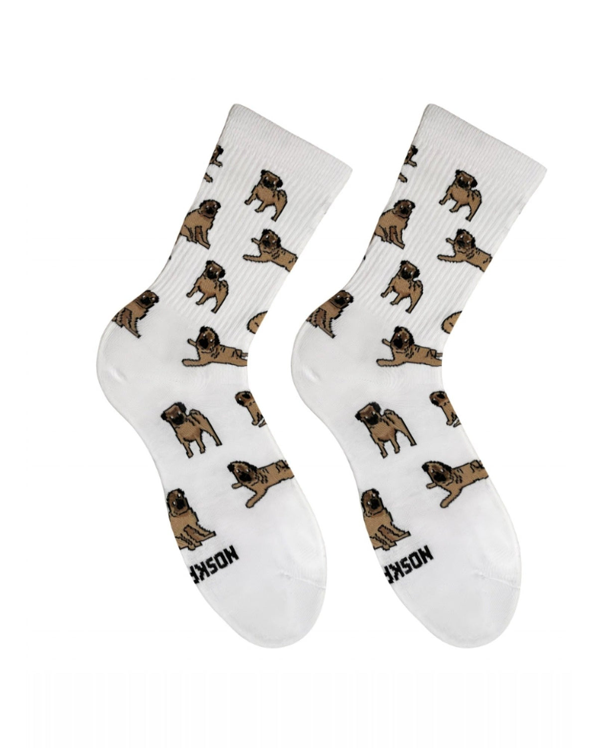 White Pug socks - pair with brown pug dogs pattern, front view