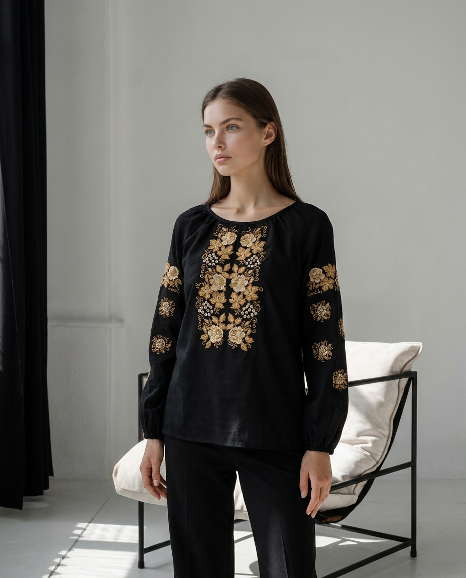 Black vyshyvanka blouse with gold floral Ukrainian embroidery, photo 3
