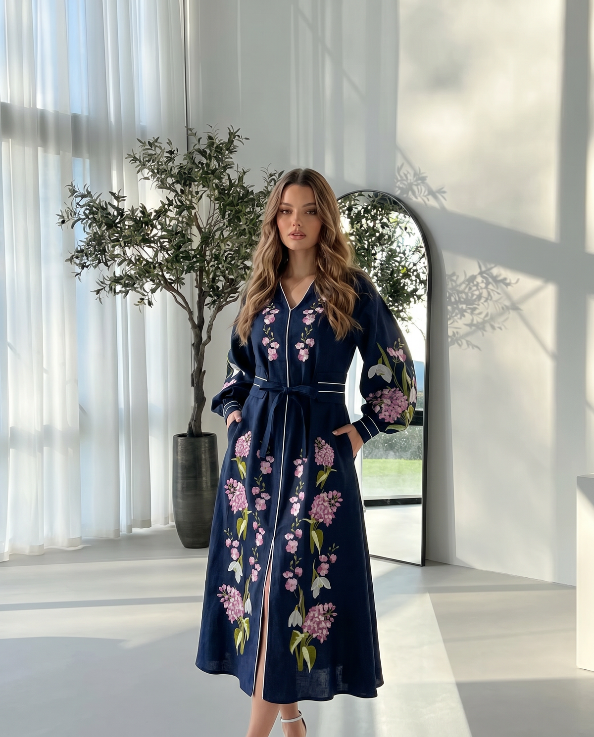 Navy blue linen maxi dress with pink floral Ukrainian embroidery, photo 3