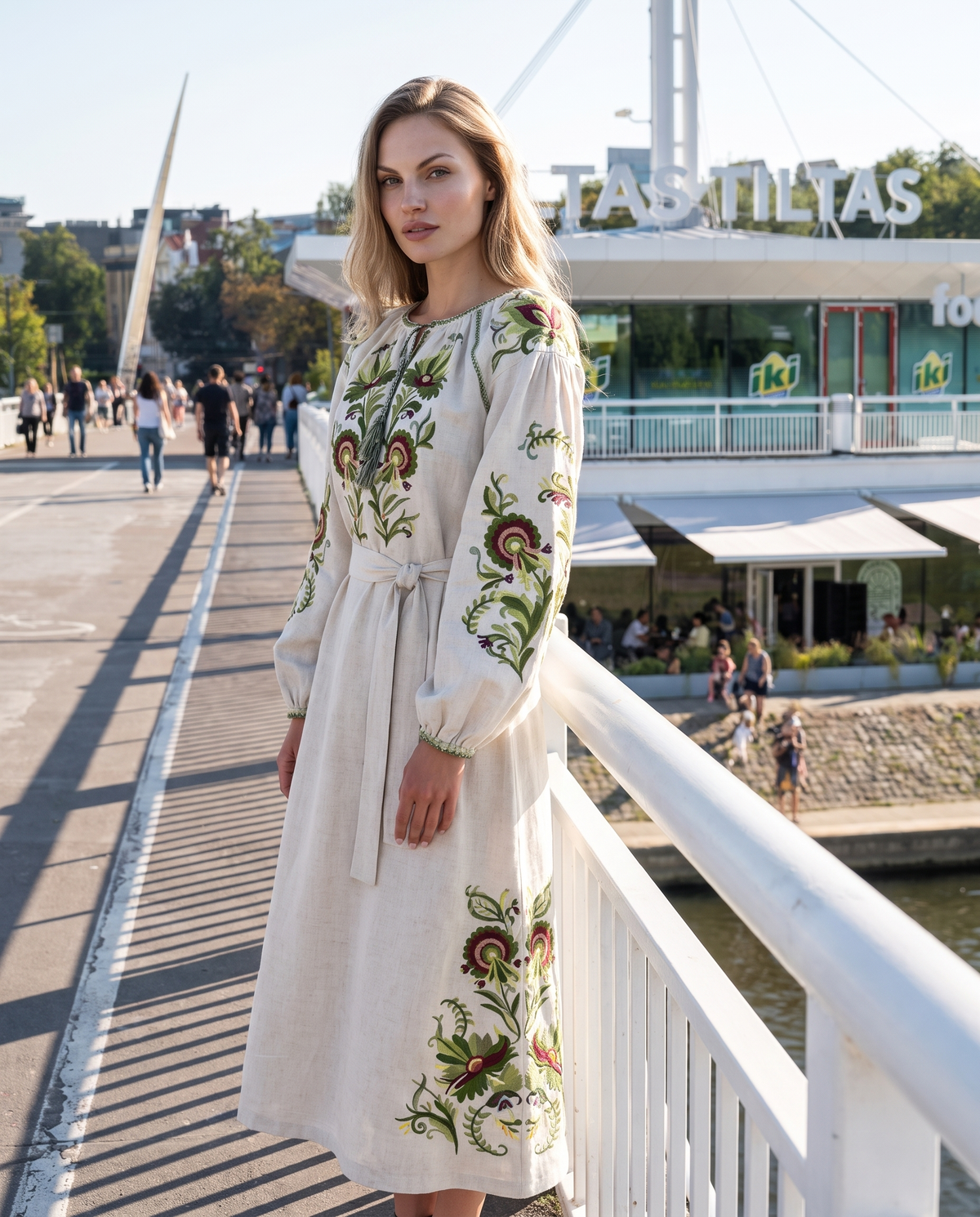 Natural white linen vyshyvanka dress with green floral Ukrainian embroidery, women's long sleeve, photo 3