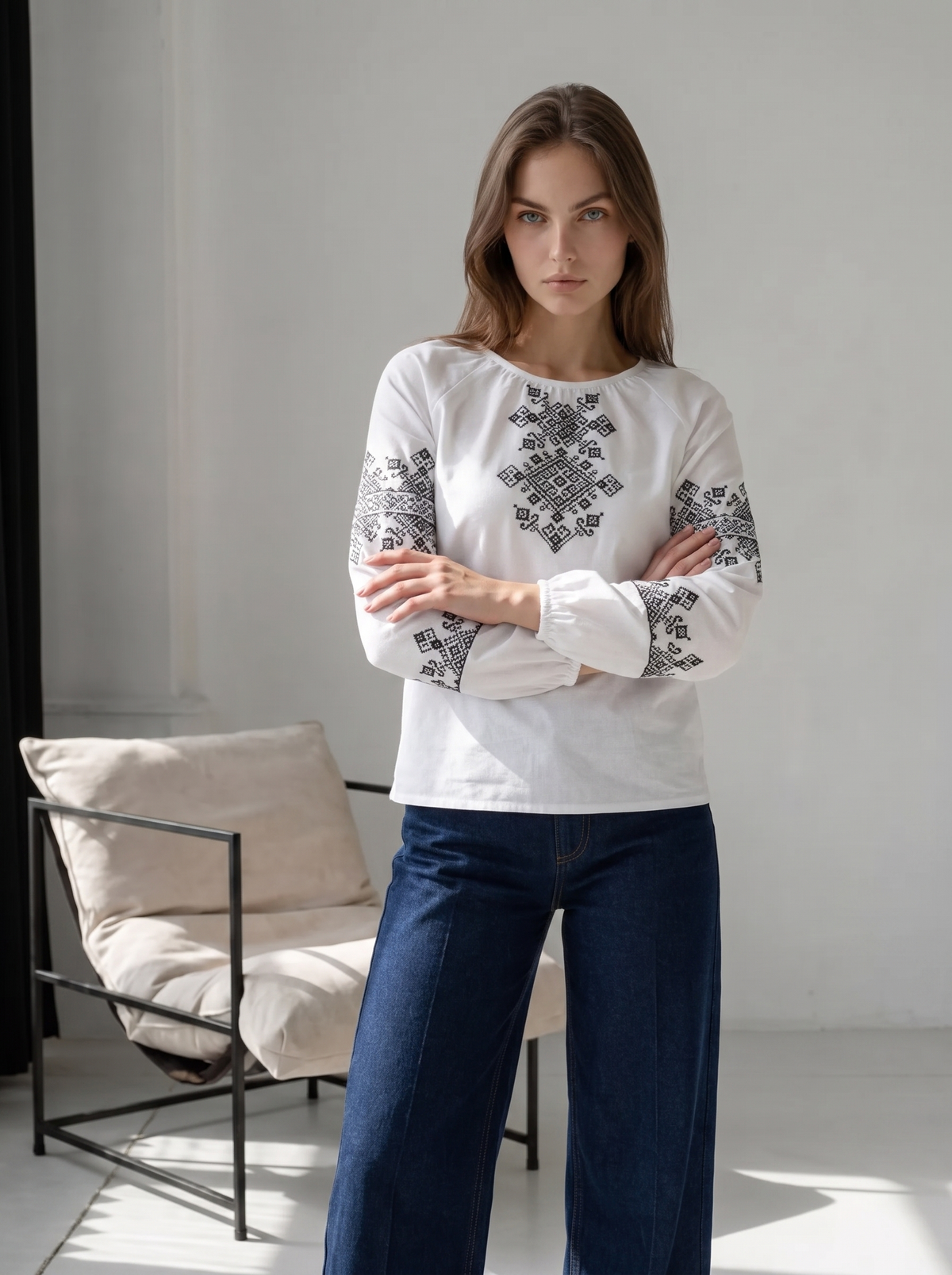 White cotton vyshyvanka blouse with black geometric Ukrainian embroidery, photo 4