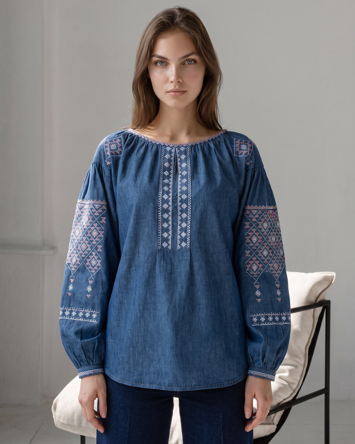 Vyshyvanka "Nebo" – blouse light blue, deep blue with geometric embroidery (linen), photo 3