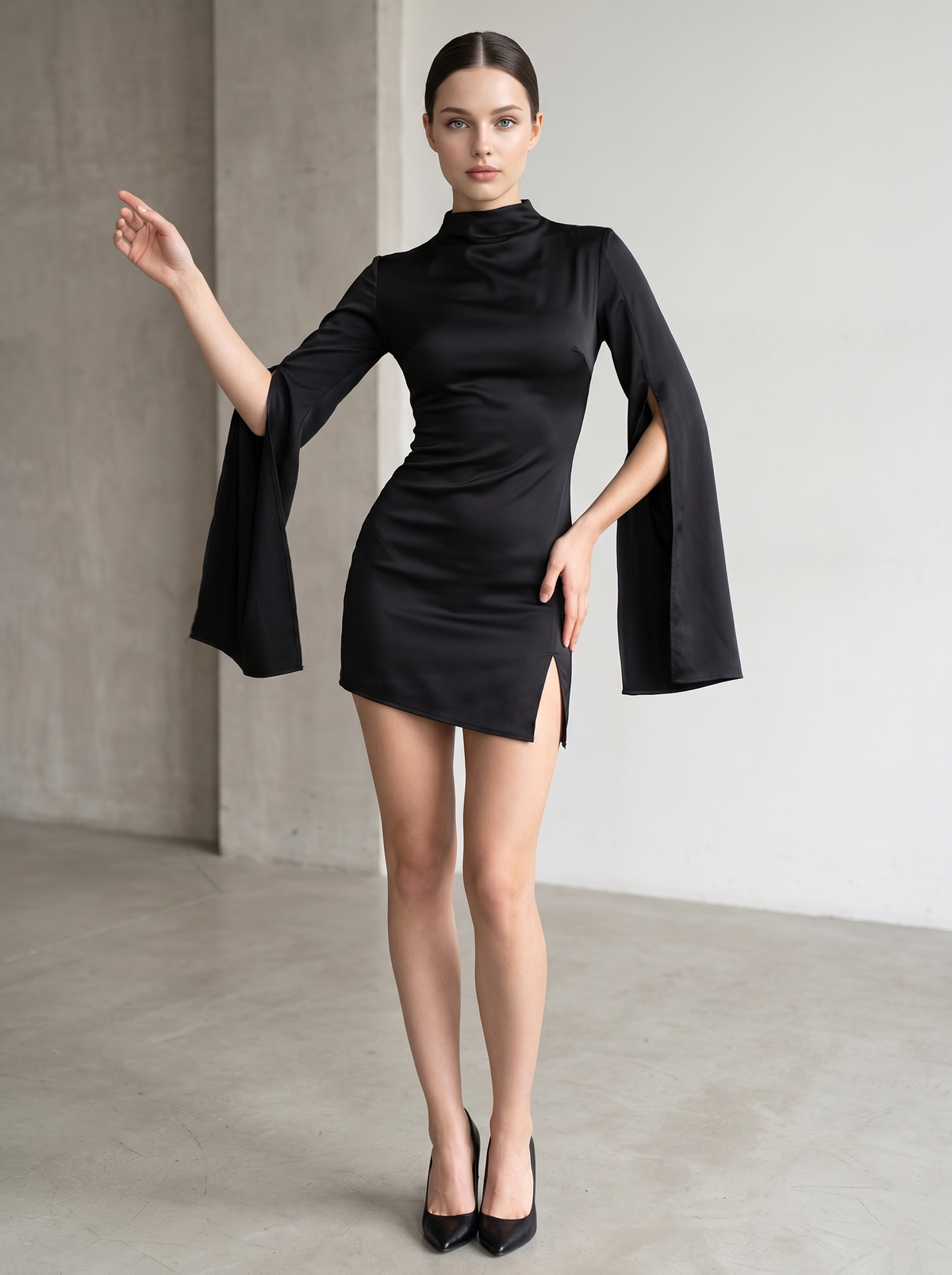 Dress "Mini" black - full-length front view with front skirt slit