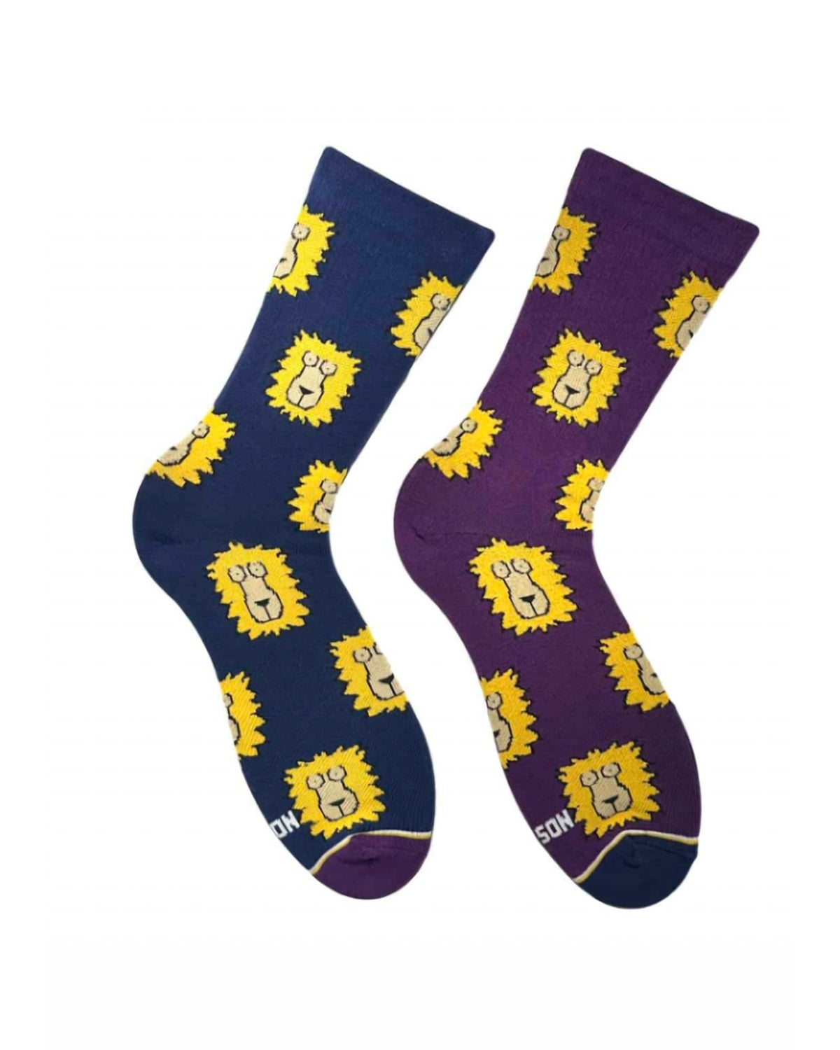 Navy and purple Little Lions socks - pair with golden lion faces, front view