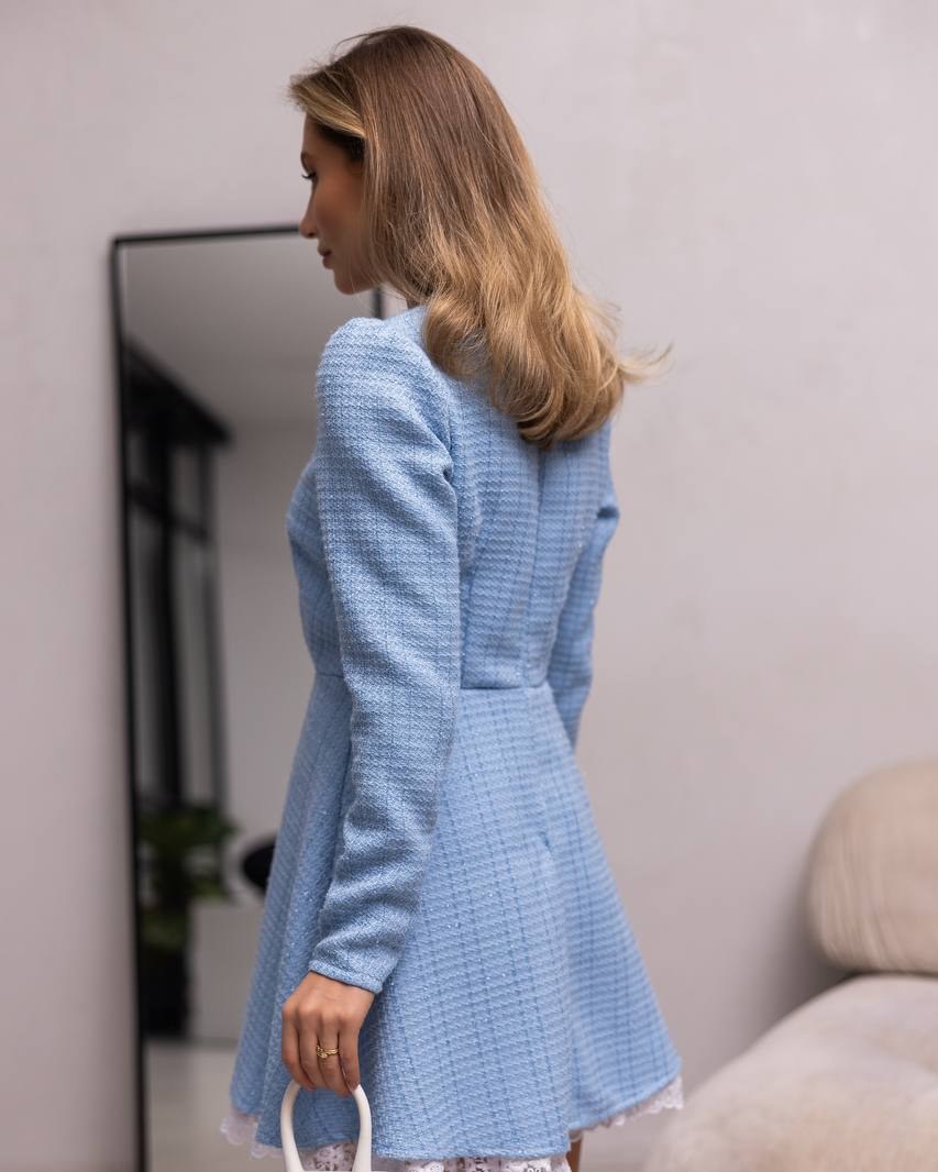Dress "Lady Tweed" sky blue – dress sky blue tweed with white lace-trimmed underskirt, photo 4