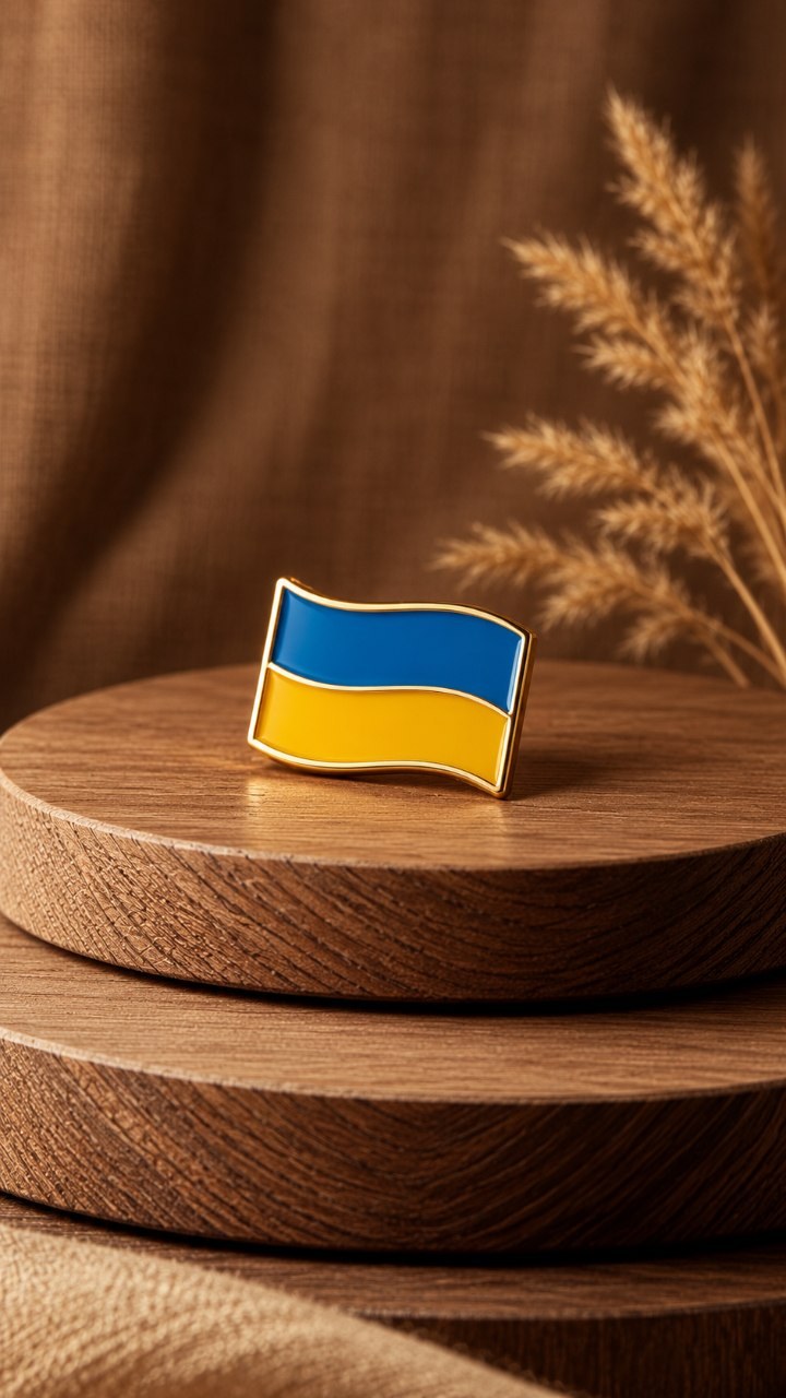 Blue and yellow Ukrainian flag enamel pin with golden edge on a wooden stand