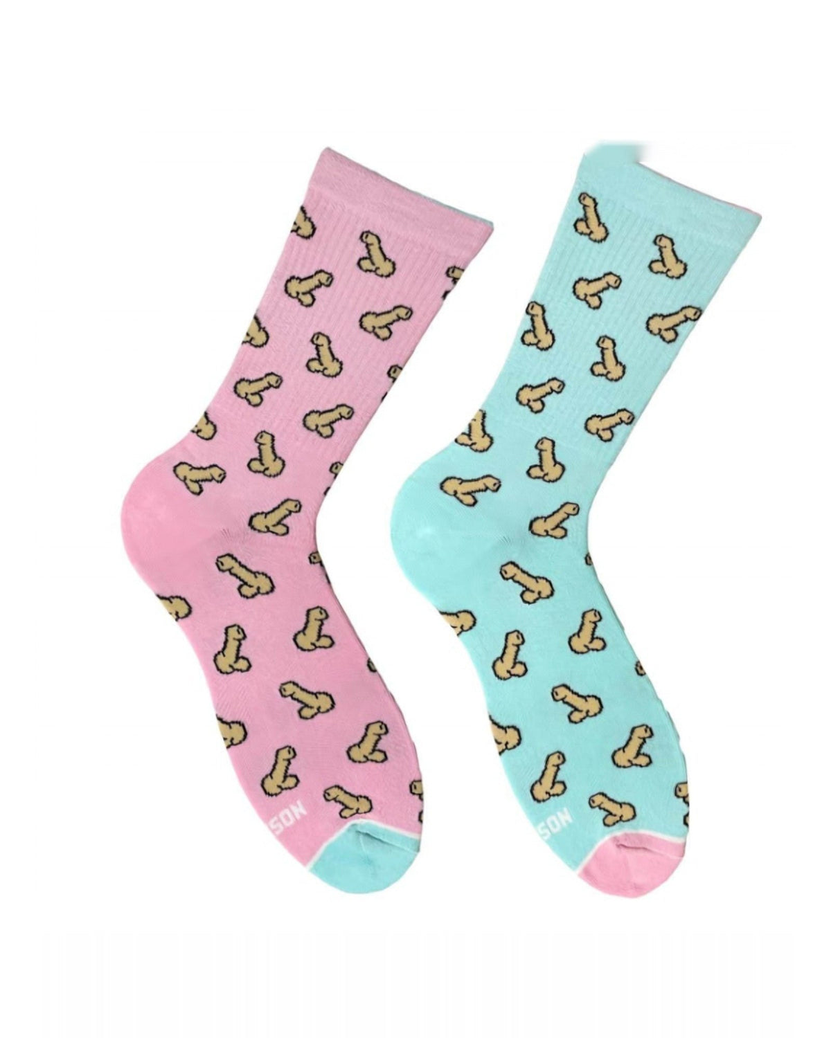 Pink and turquoise mismatched socks - pair with cheeky cartoon pattern, front view