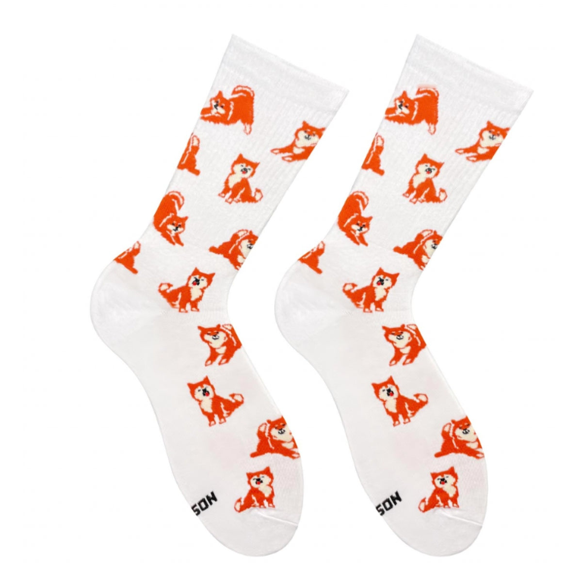 White Shiba Inu socks - pair with orange Shiba Inu dogs pattern, front view