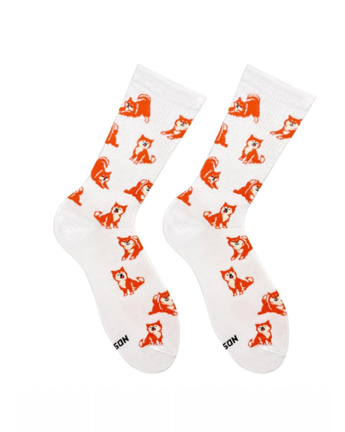 White Shiba Inu socks - pair with orange Shiba Inu dogs pattern, front view