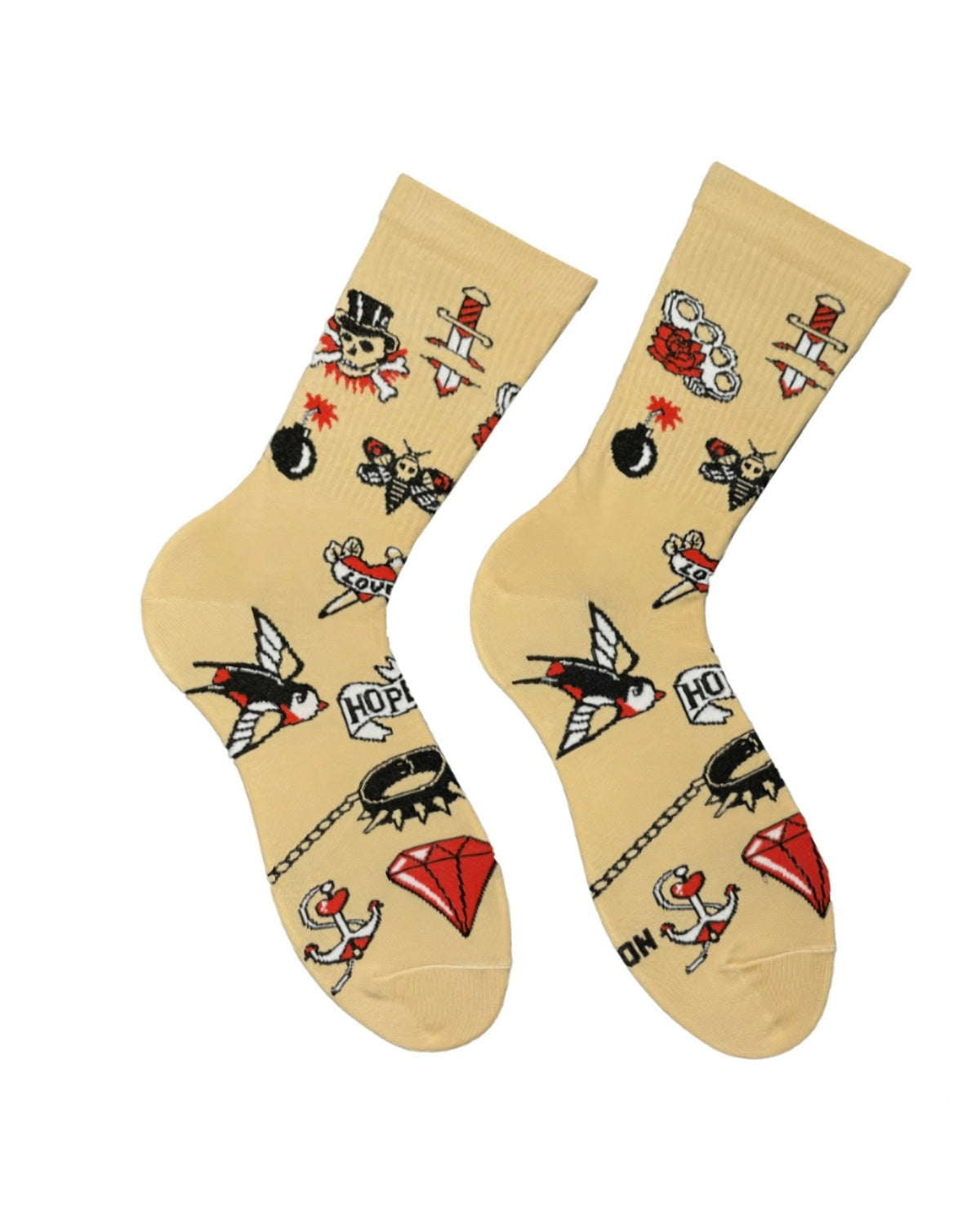 Beige Old School Tattoo socks - pair with skull, swallow, heart, dagger and anchor tattoo flash, front view