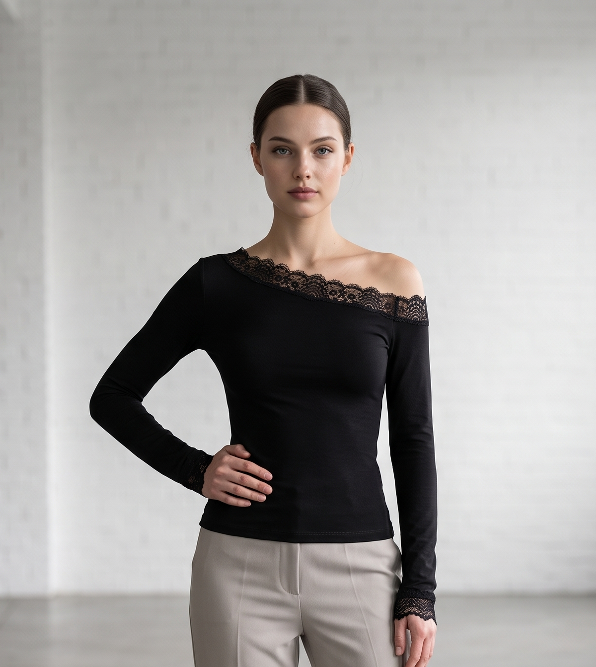 Blouse "Flow" black - full front view with off-shoulder asymmetric neckline